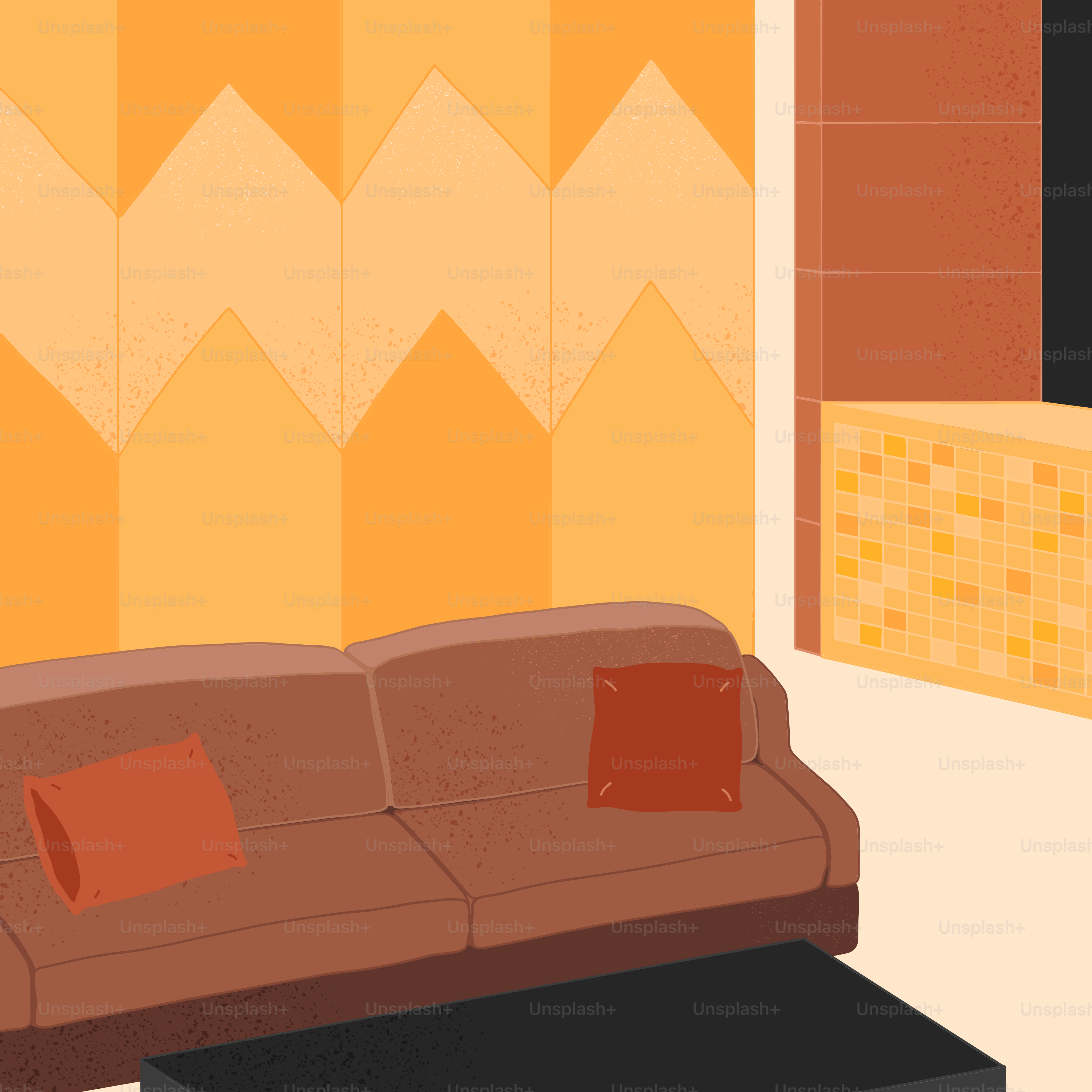 A living room with a couch and a coffee table