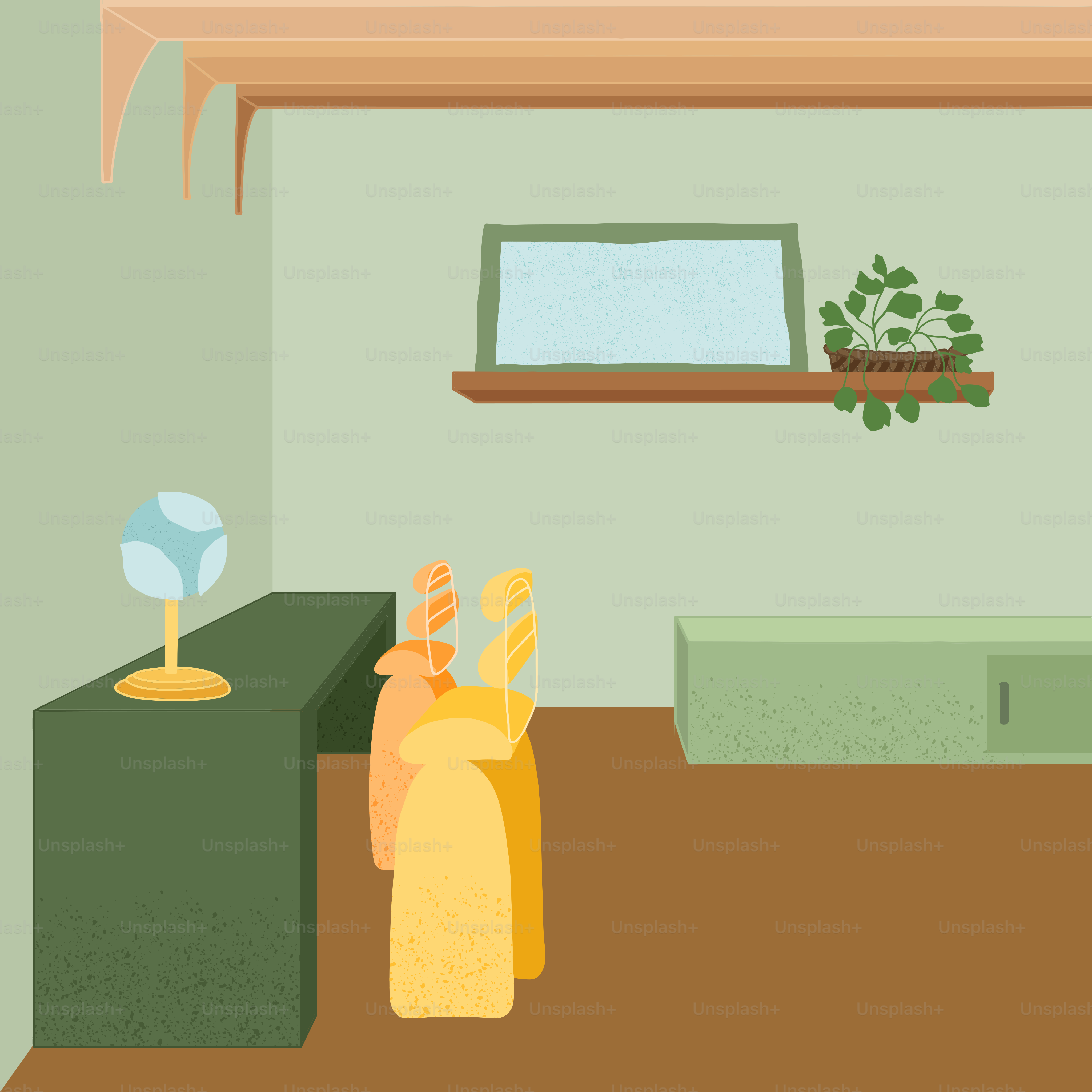 A cartoon of a living room with a couch and coffee table