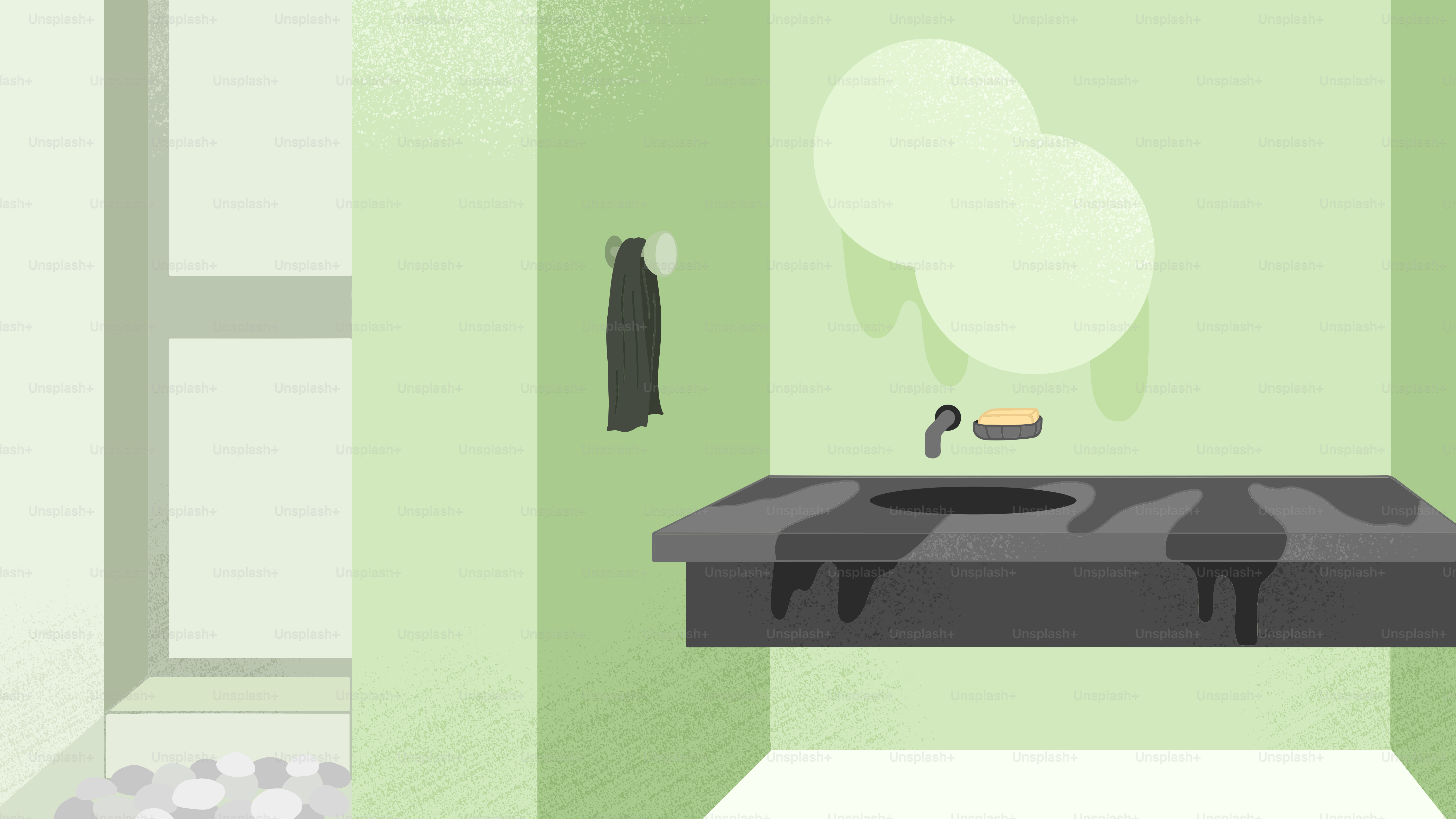 A bathroom with green walls and a black sink