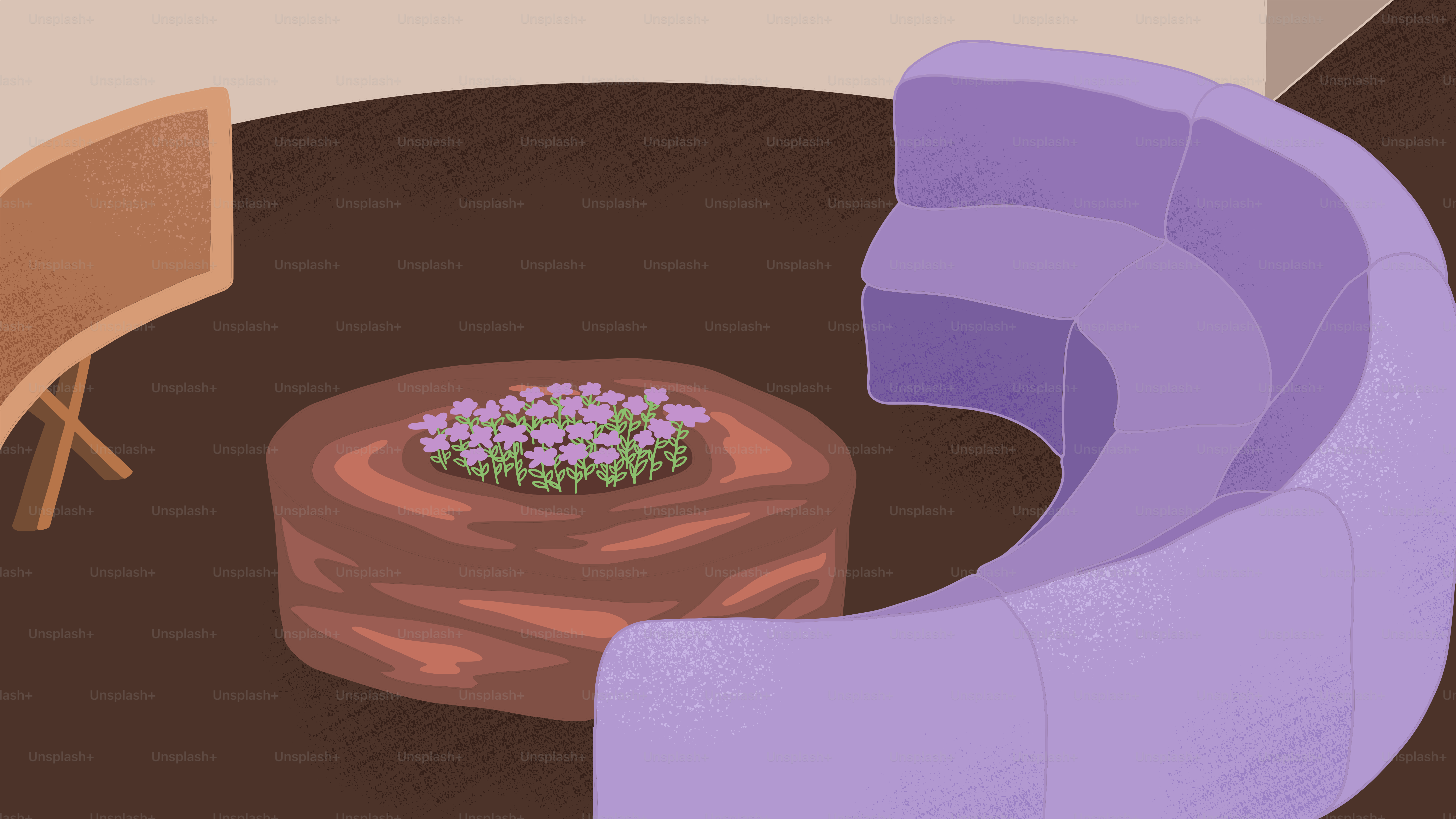 Una silla morada sobre un suelo marrón