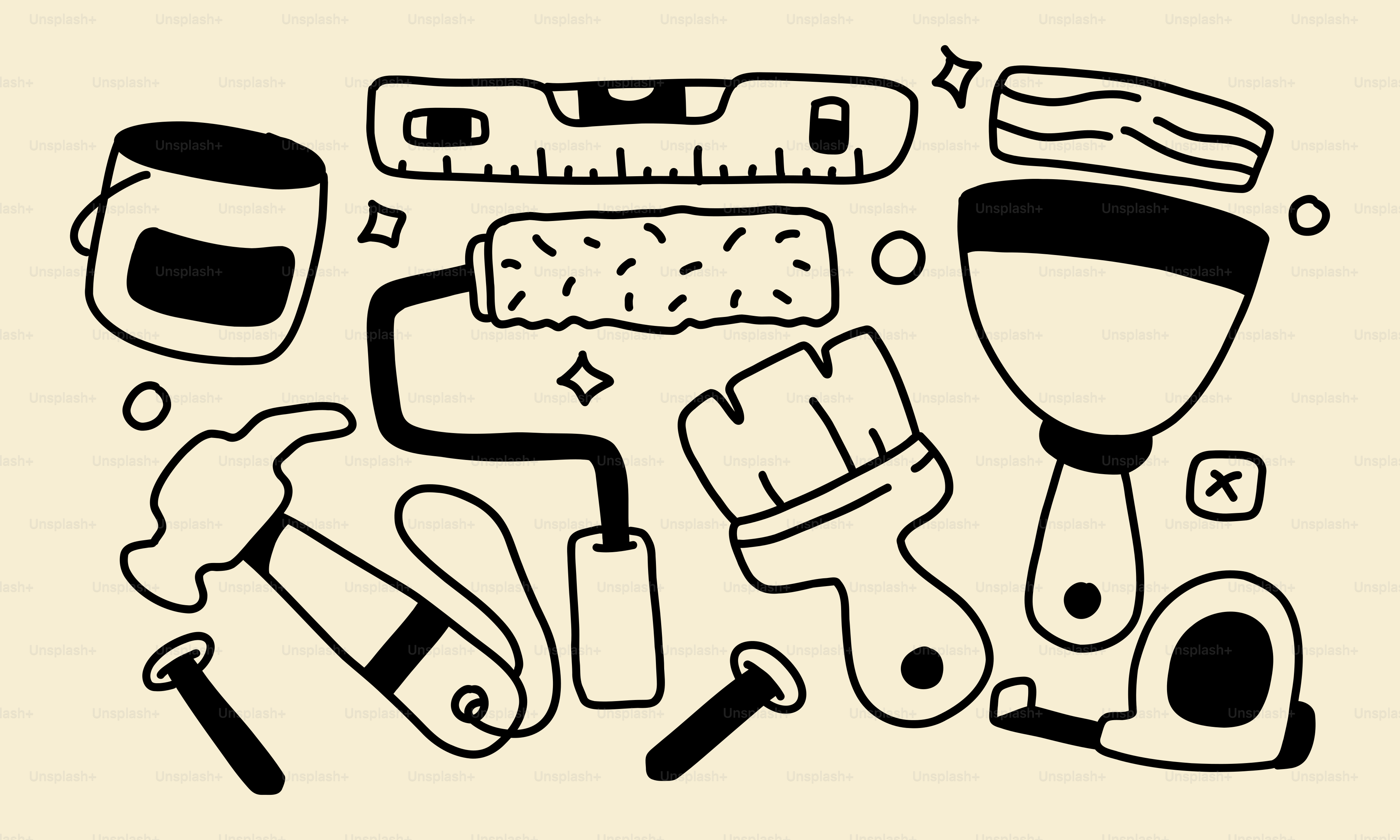 A black and white drawing of various tools