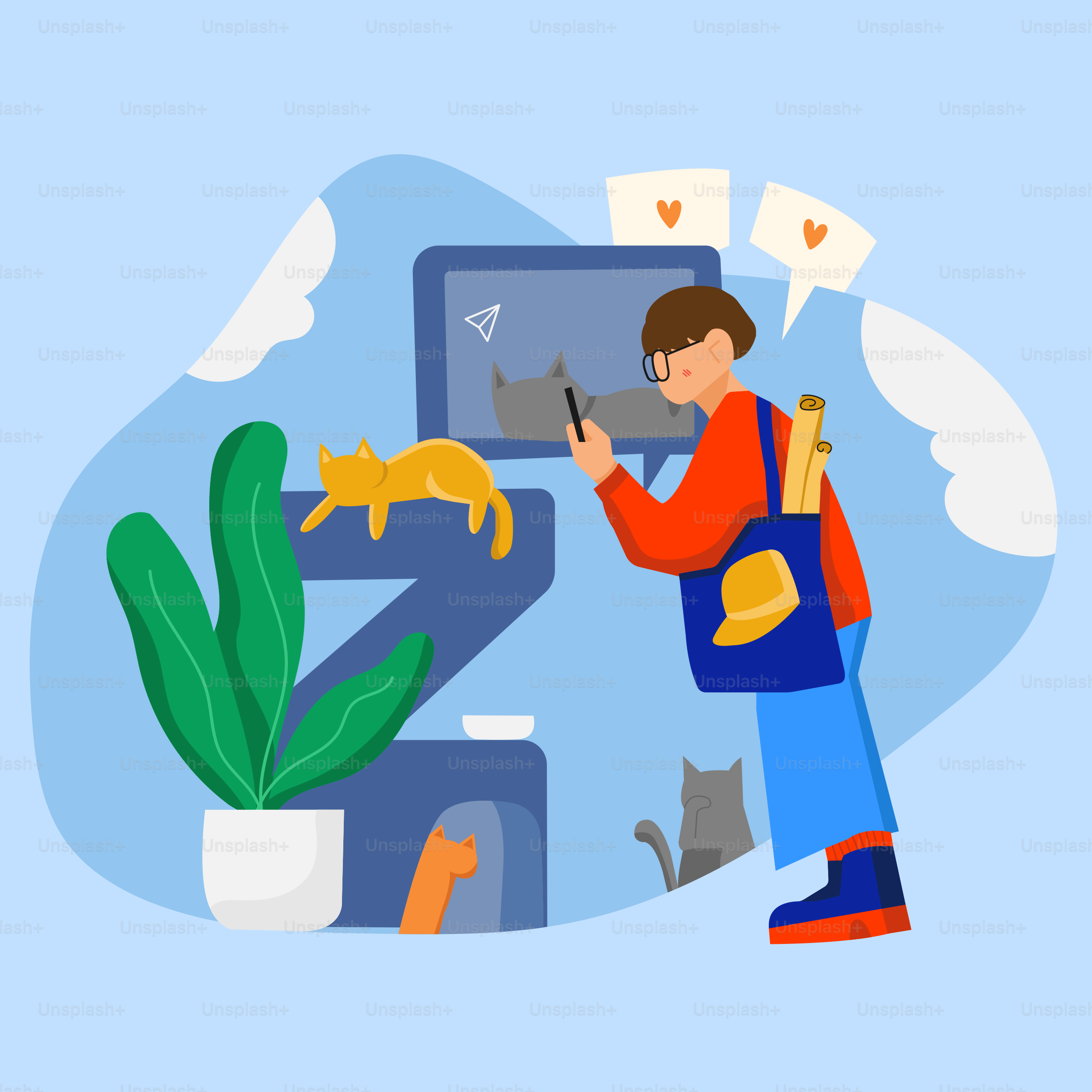 A man with a backpack is looking at a cat