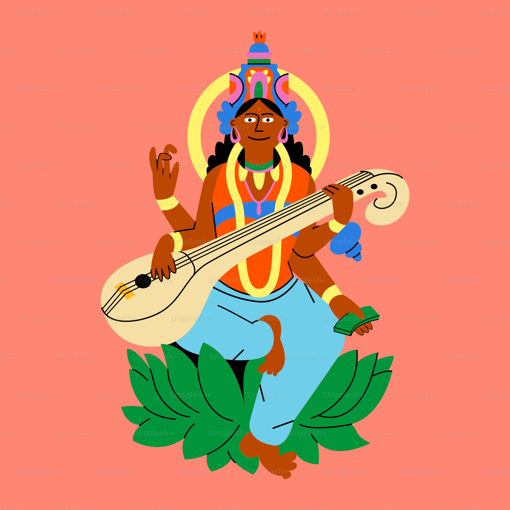 A woman playing a guitar on a pink background