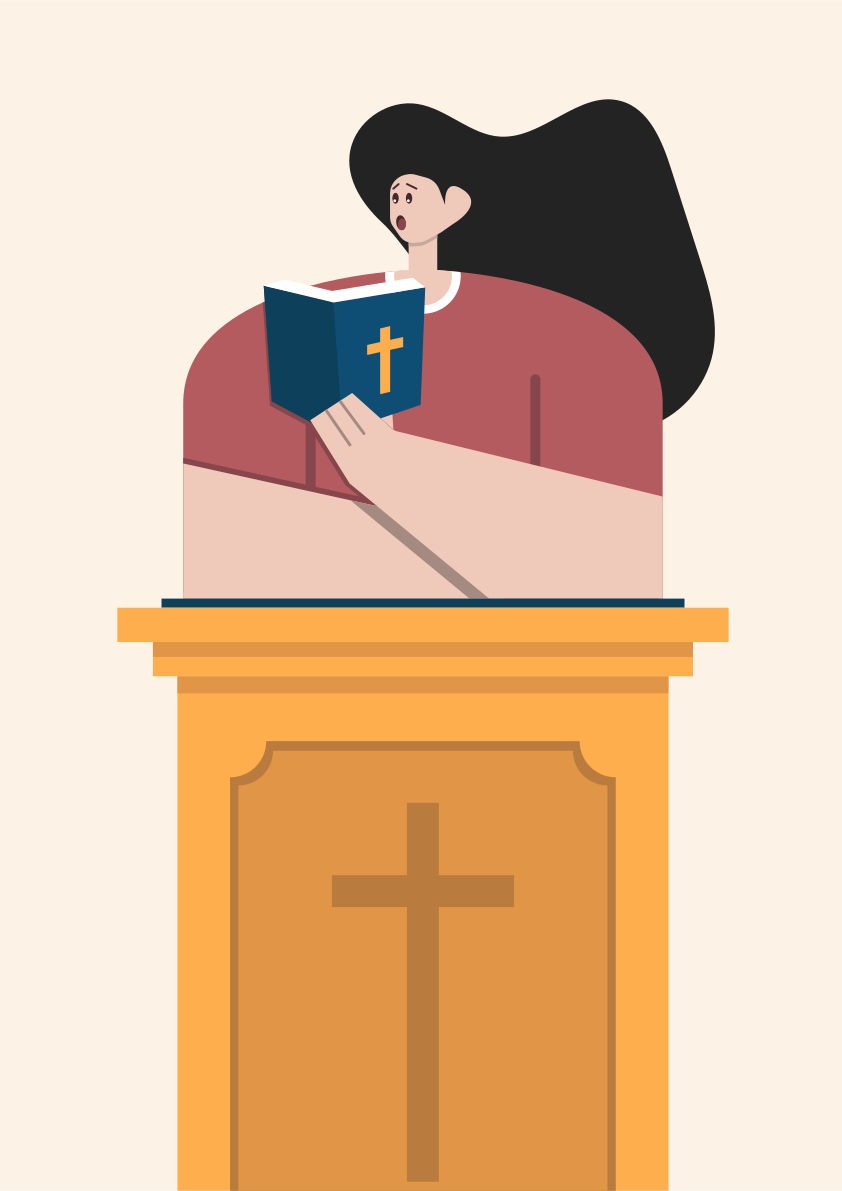 Uma mulher lendo um livro em cima de um púlpito