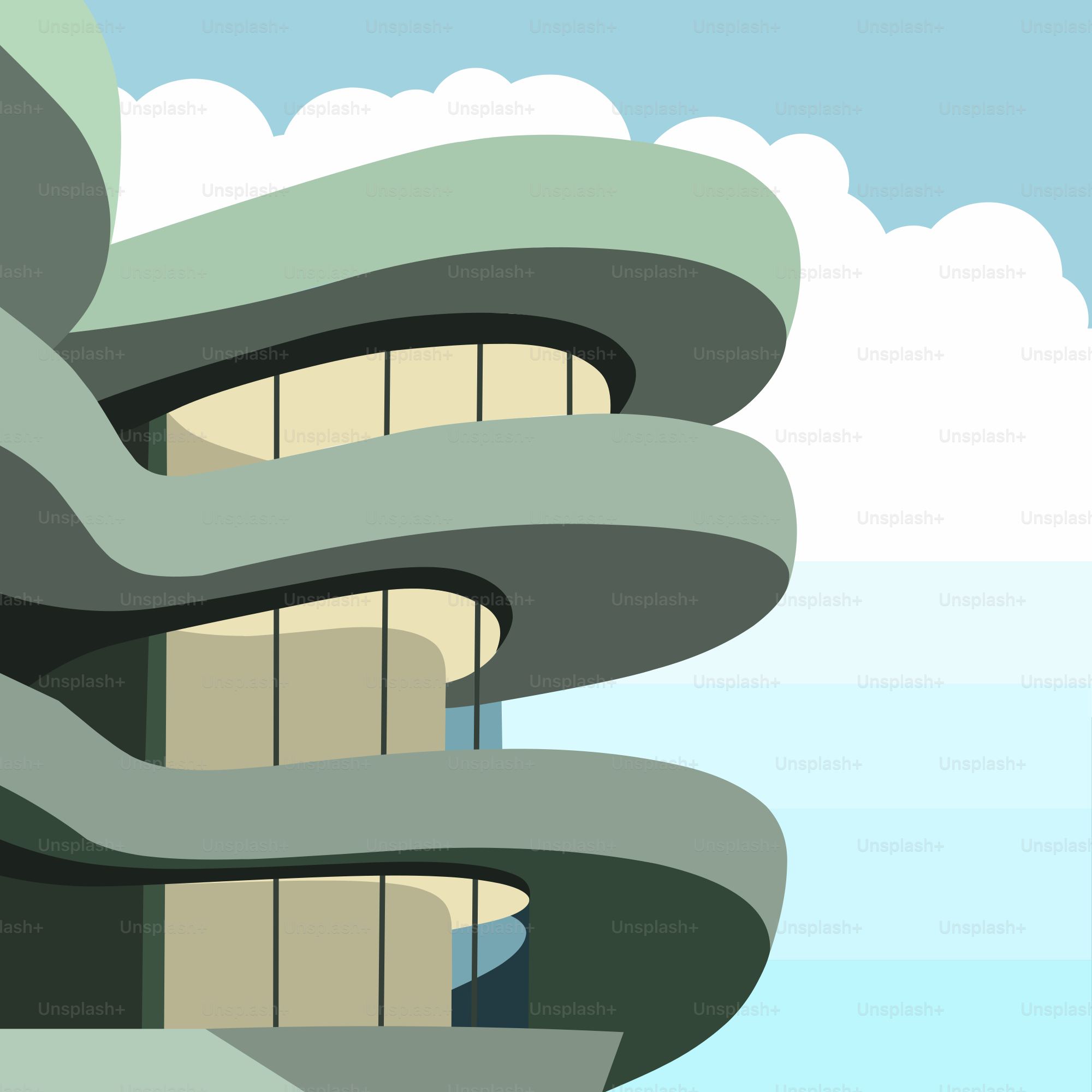 Un edificio alto con un diseño en espiral encima
