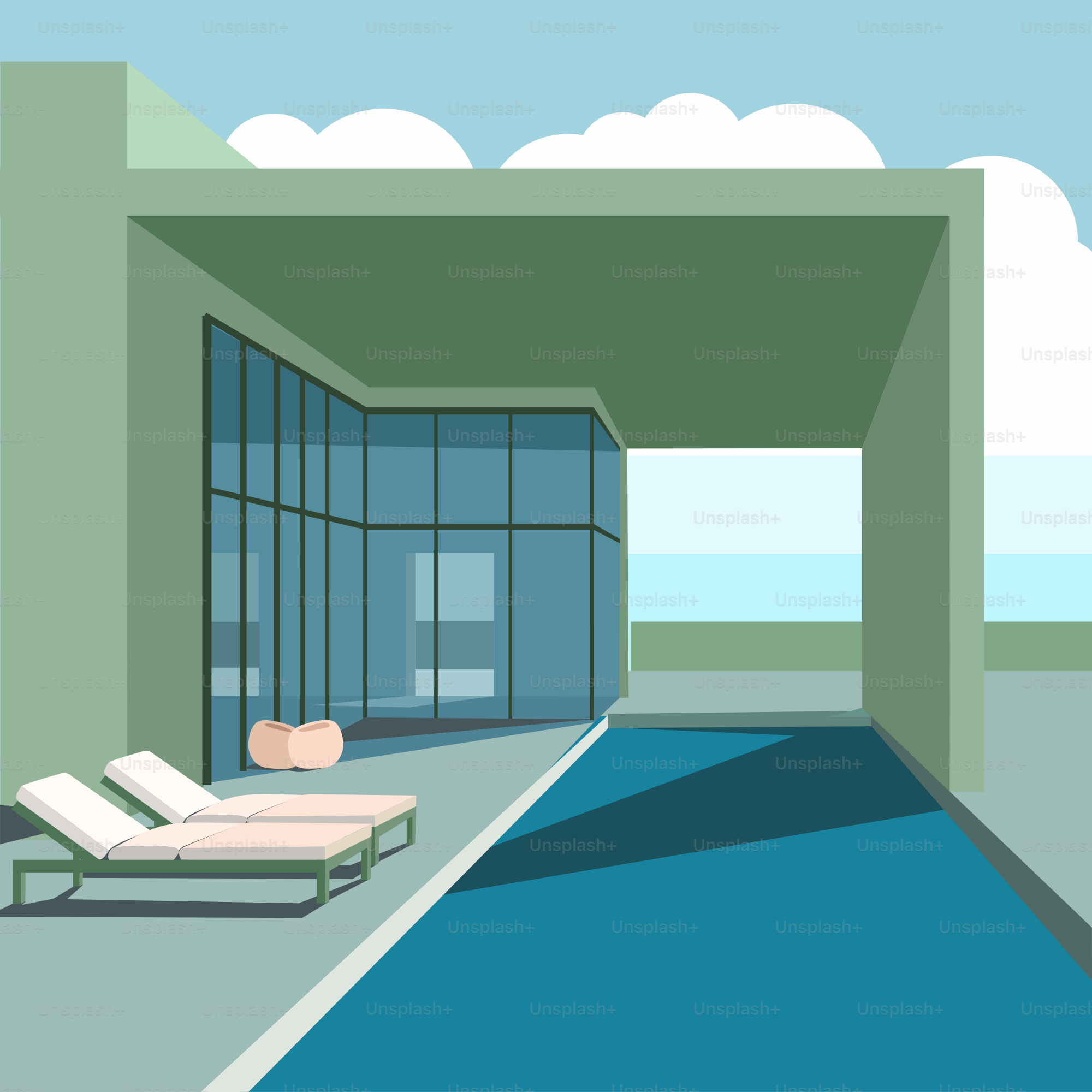 Una piscina con sdraio e uno sfondo al cielo