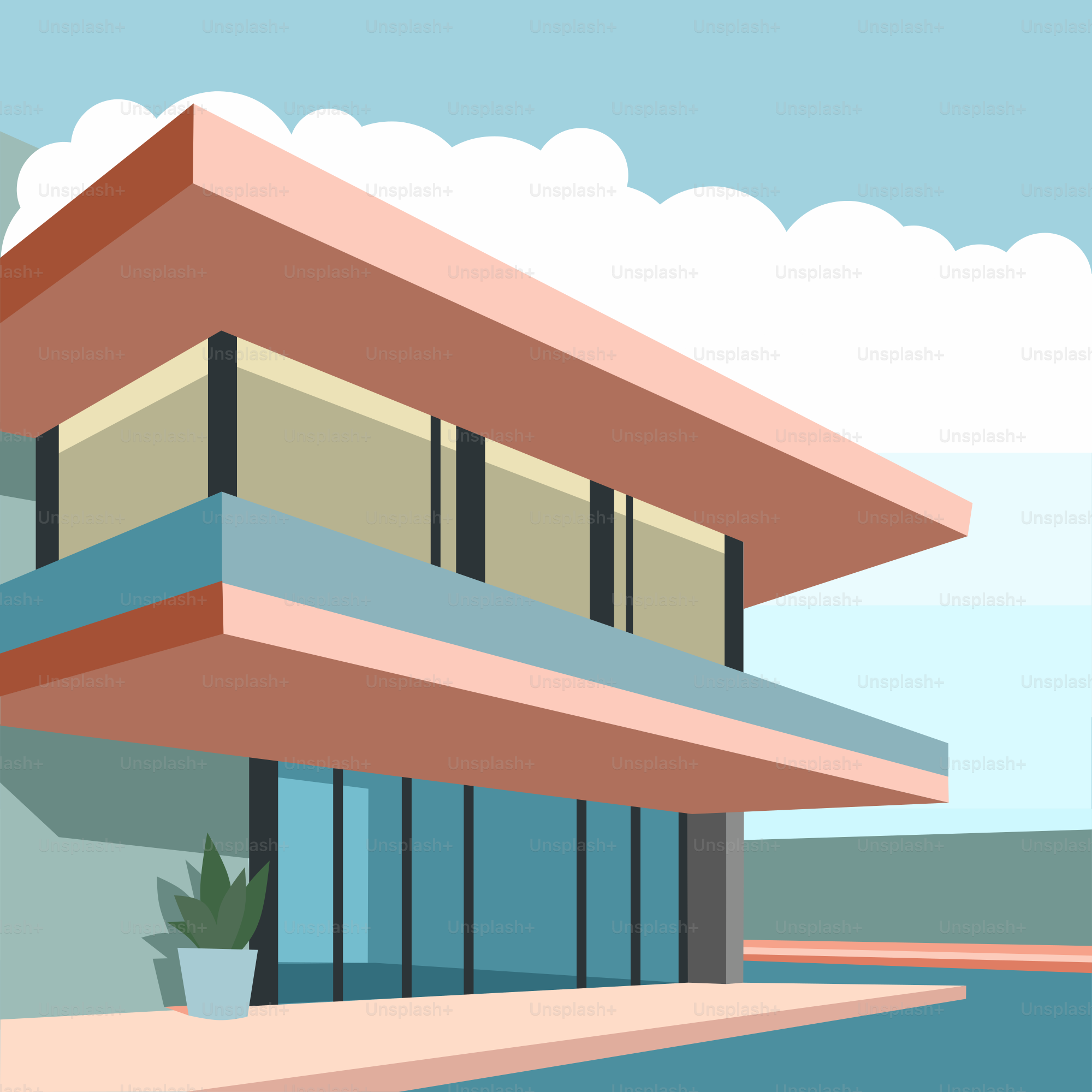 A modern building with a pool in front of it