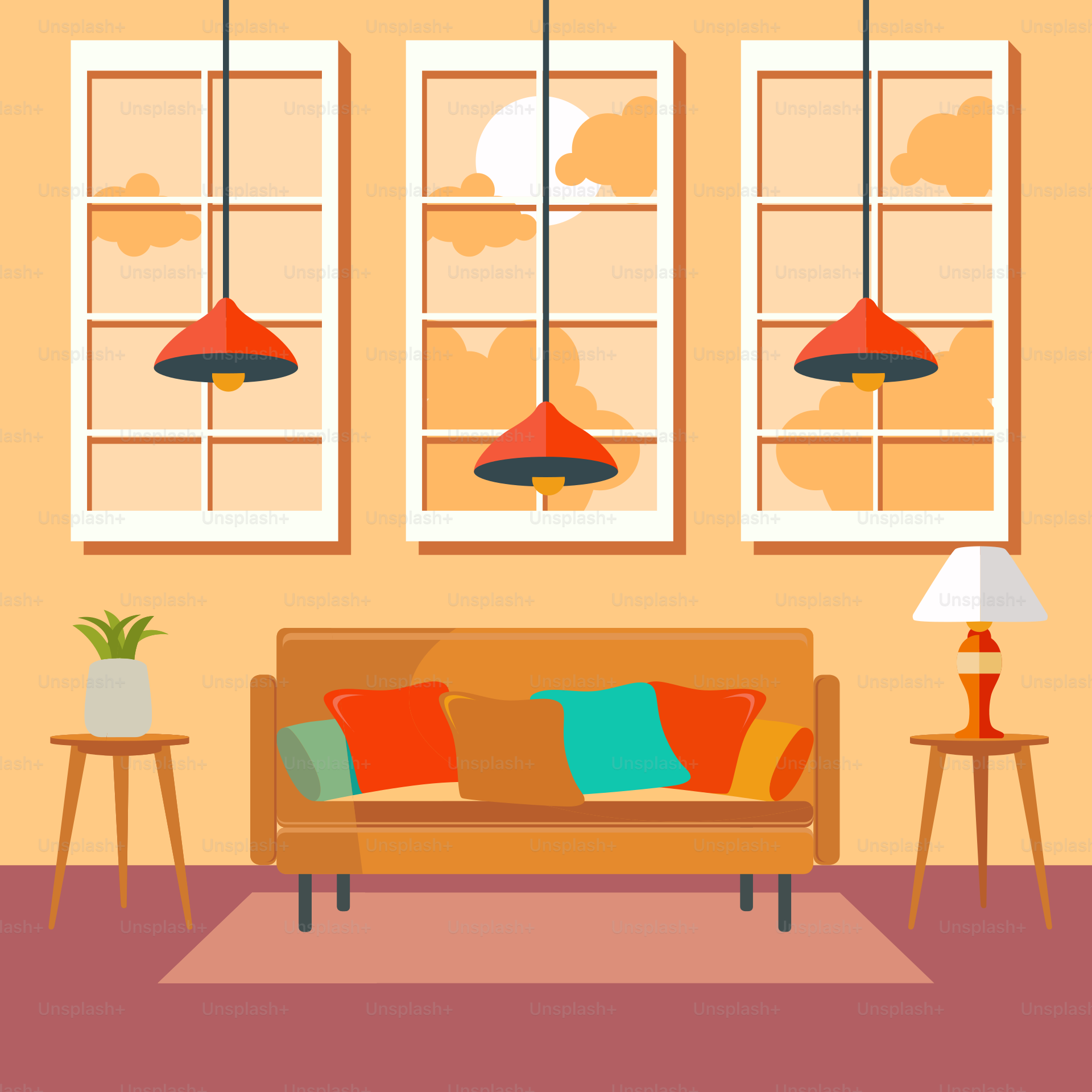 A living room with a couch and two lamps