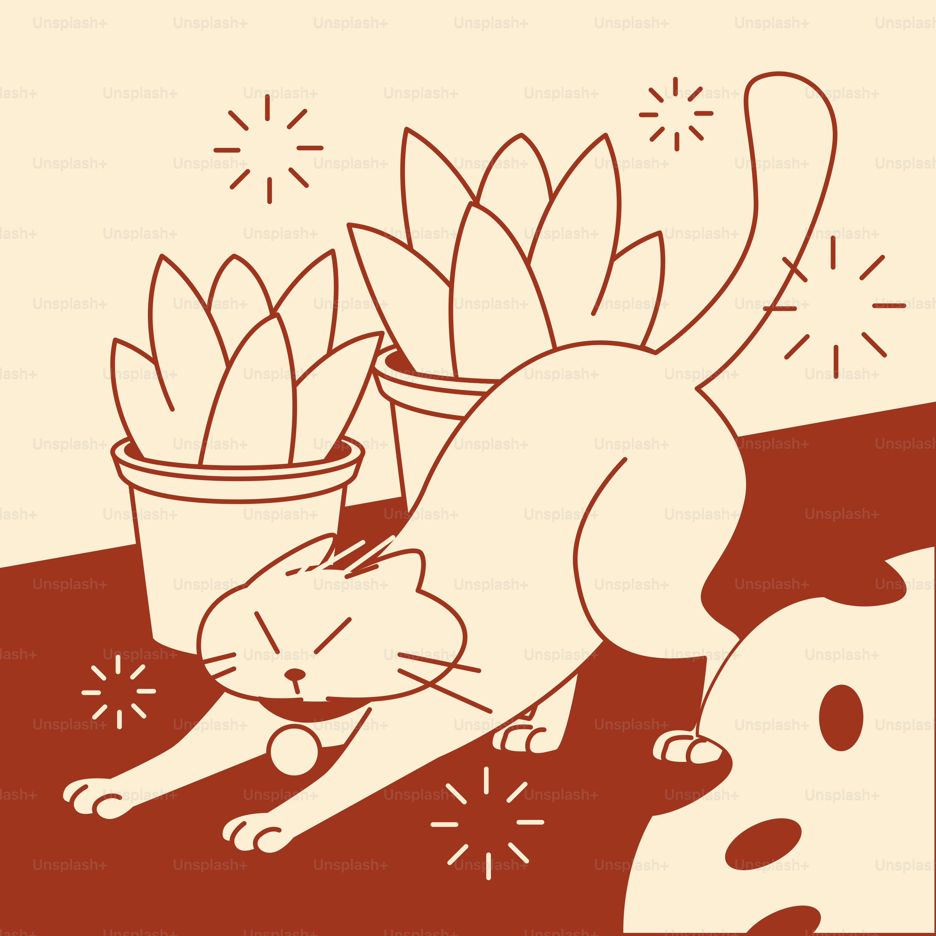 A drawing of a cat with a pot of flowers