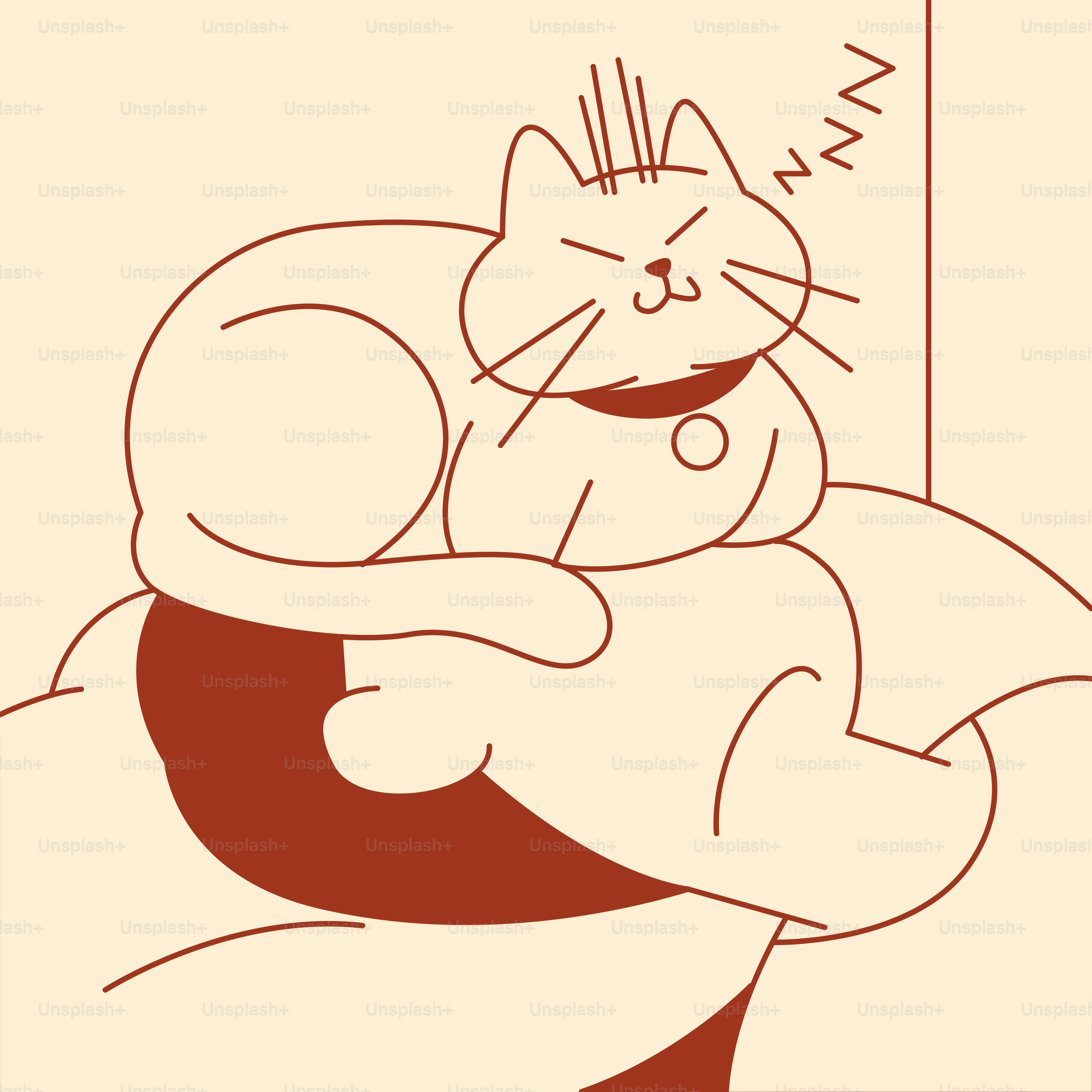 A drawing of a cat hugging a pillow