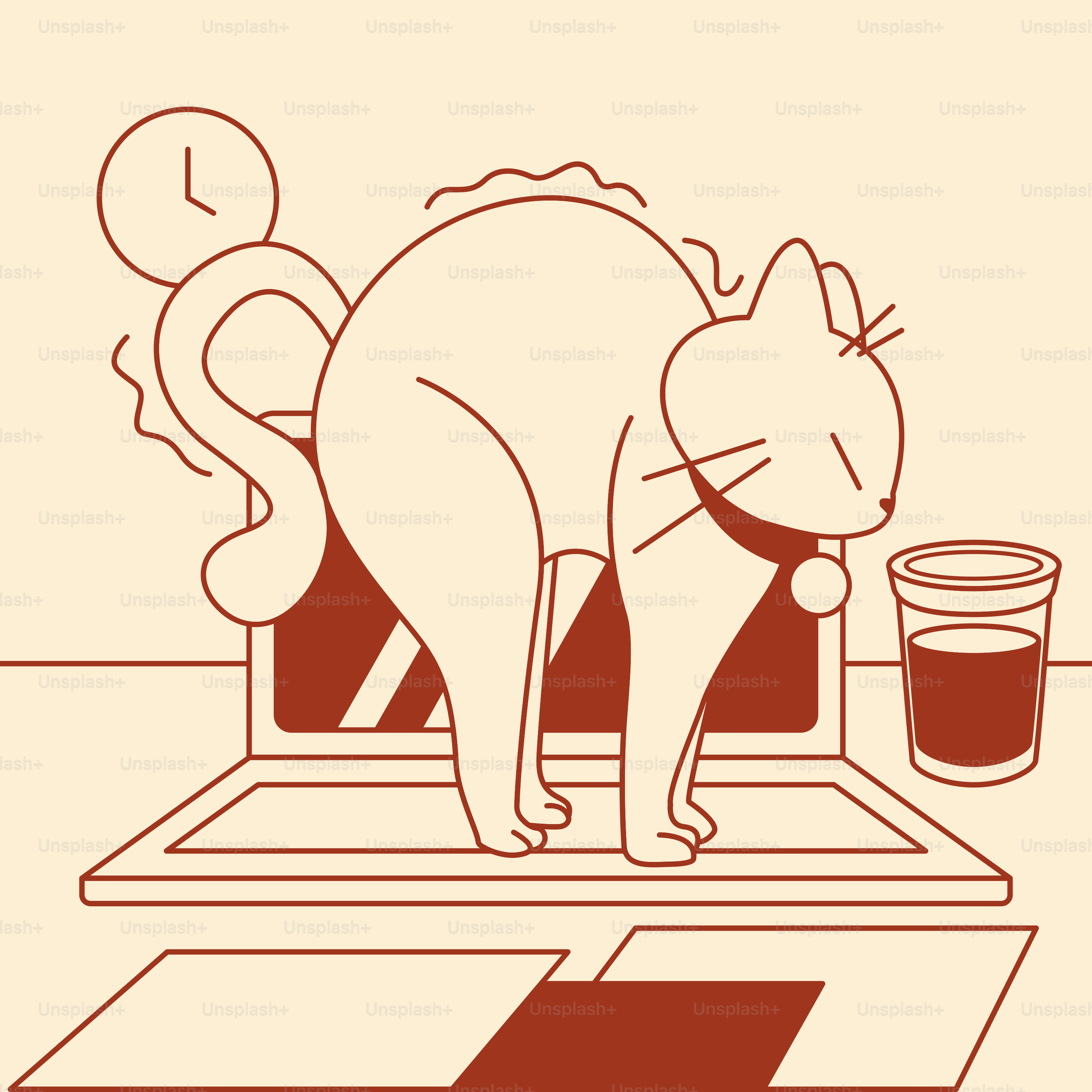 A cat standing on top of a counter next to a cup