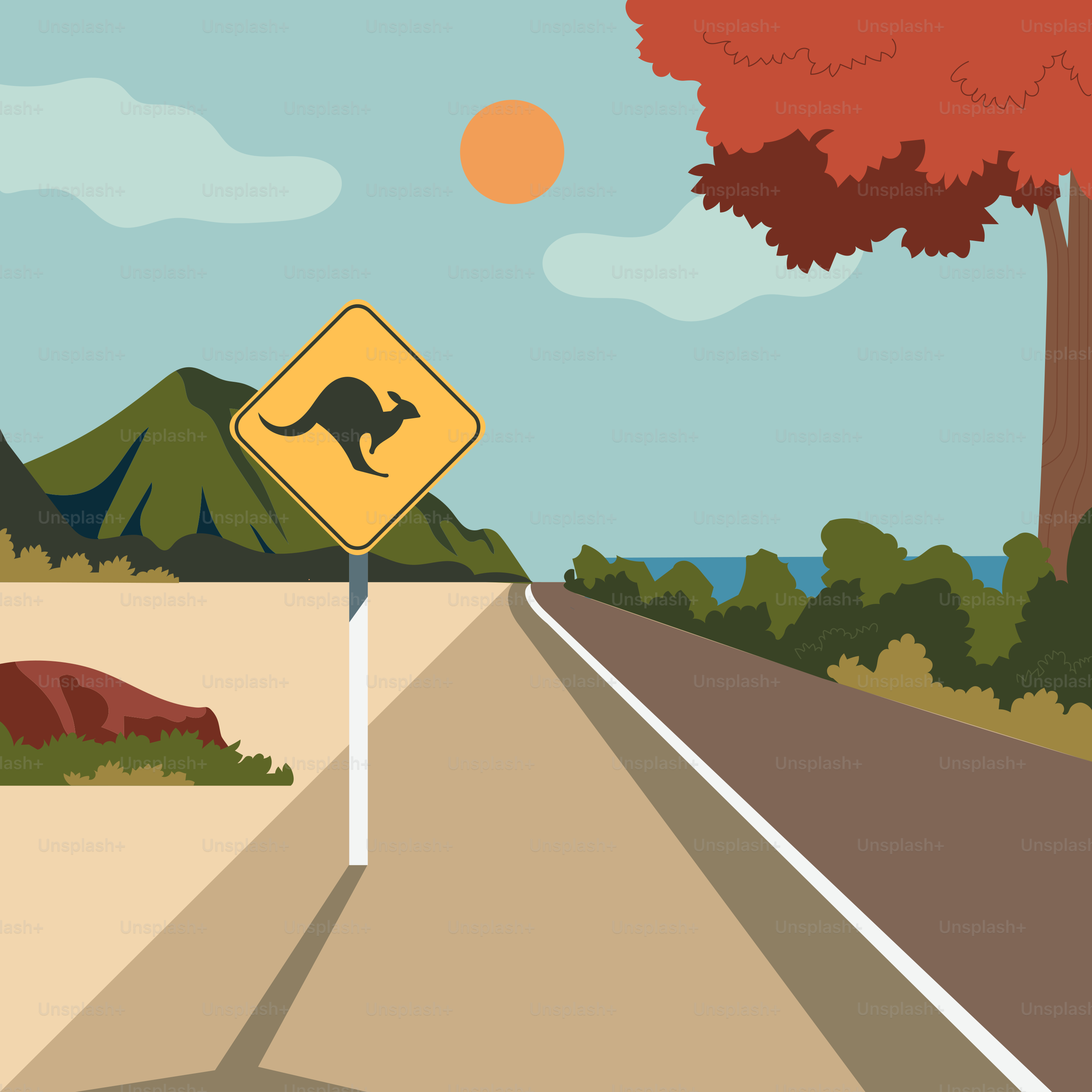 Un cartello giallo di attraversamento canguro posizionato sul lato di una strada