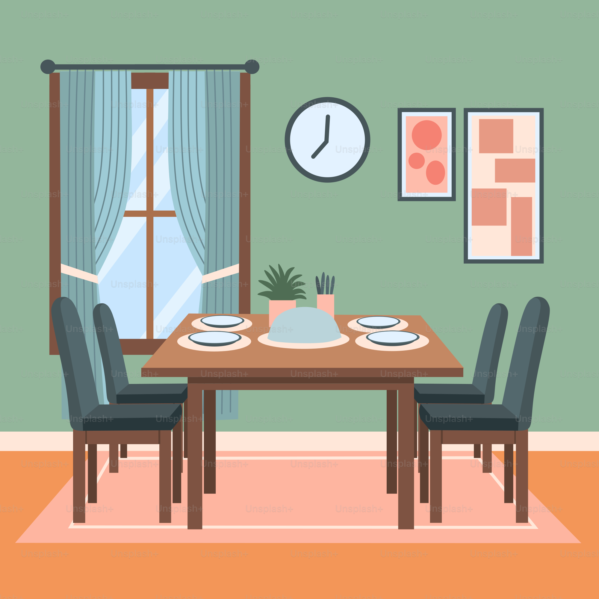 A dining room with a table and chairs