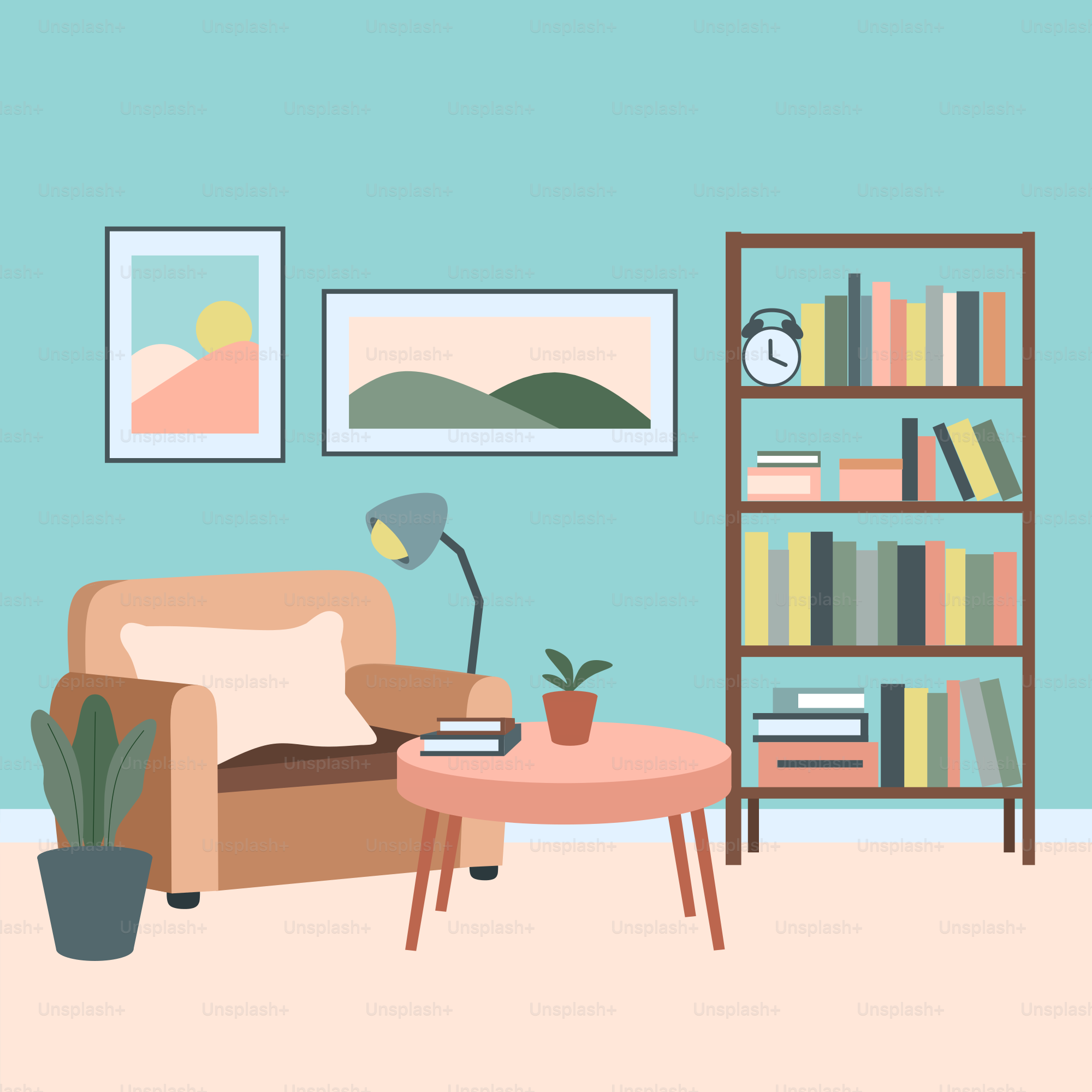 Ruang tamu yang dipenuhi dengan furnitur dan rak buku