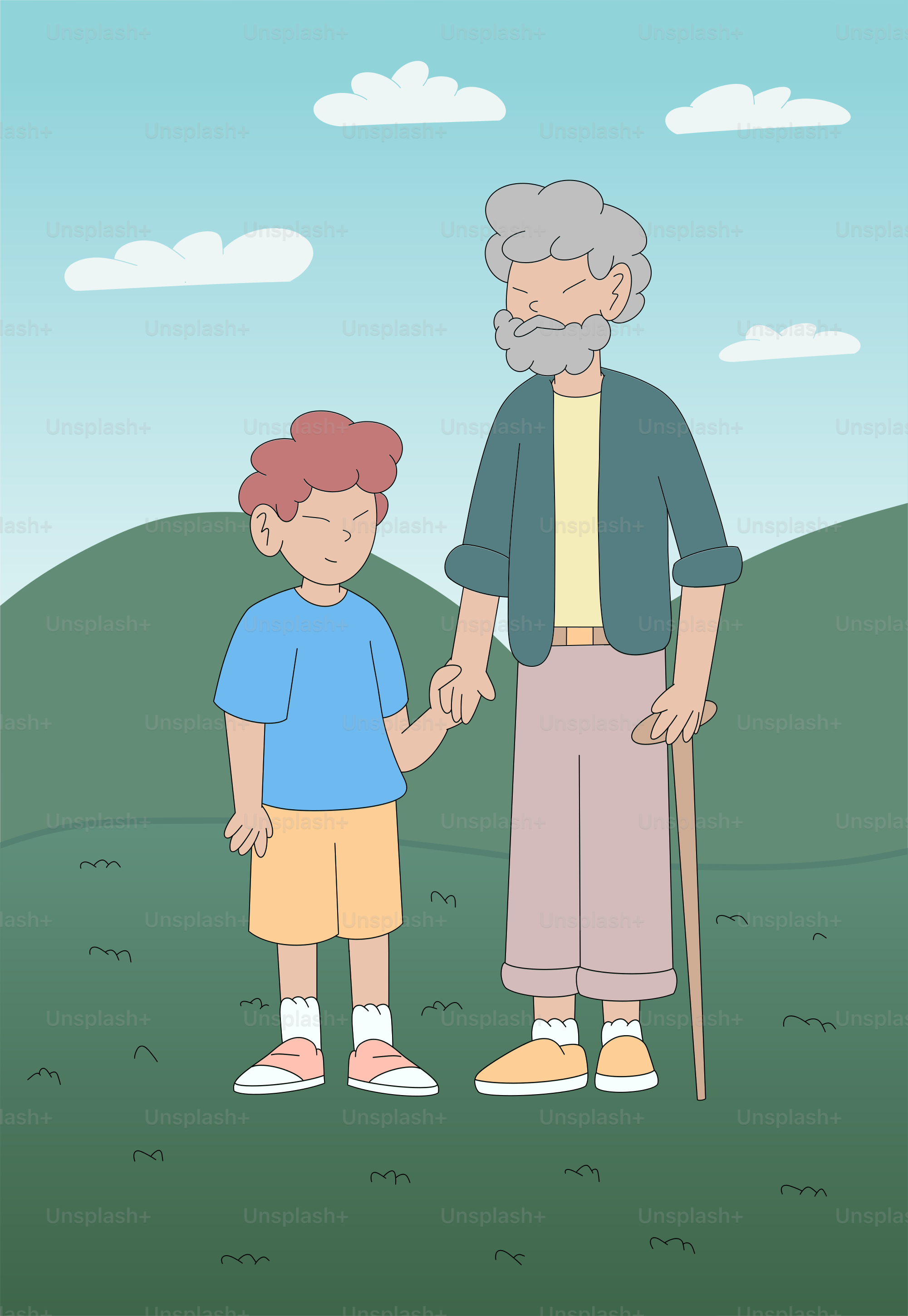 An old man and a young boy standing in a field