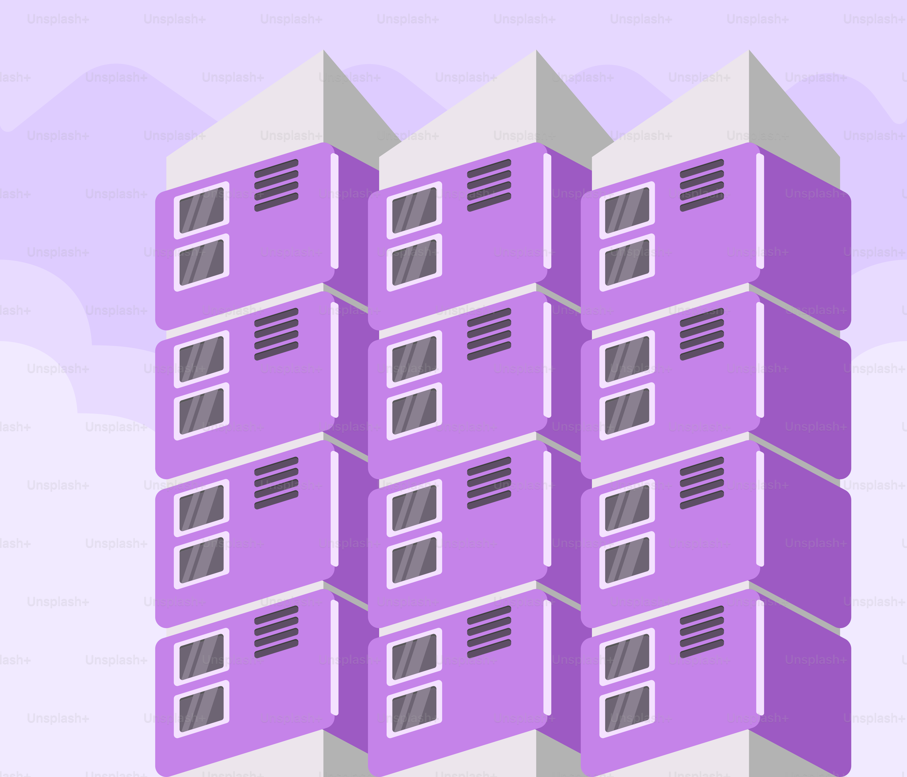 보라색 상자 뭉치가 서로 겹쳐져 있습니다