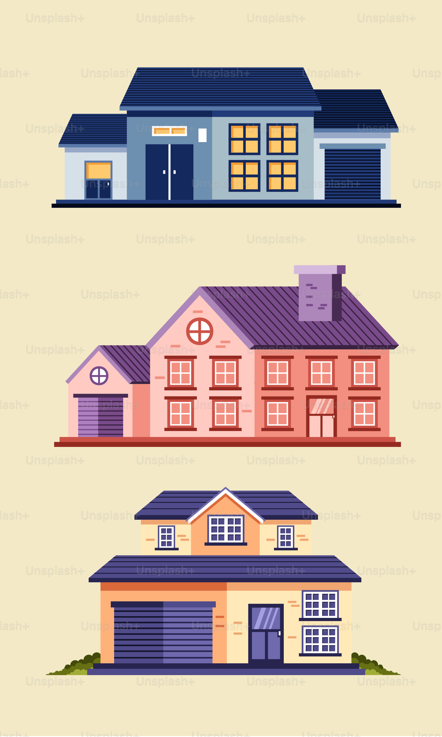 Three different types of houses on a beige background