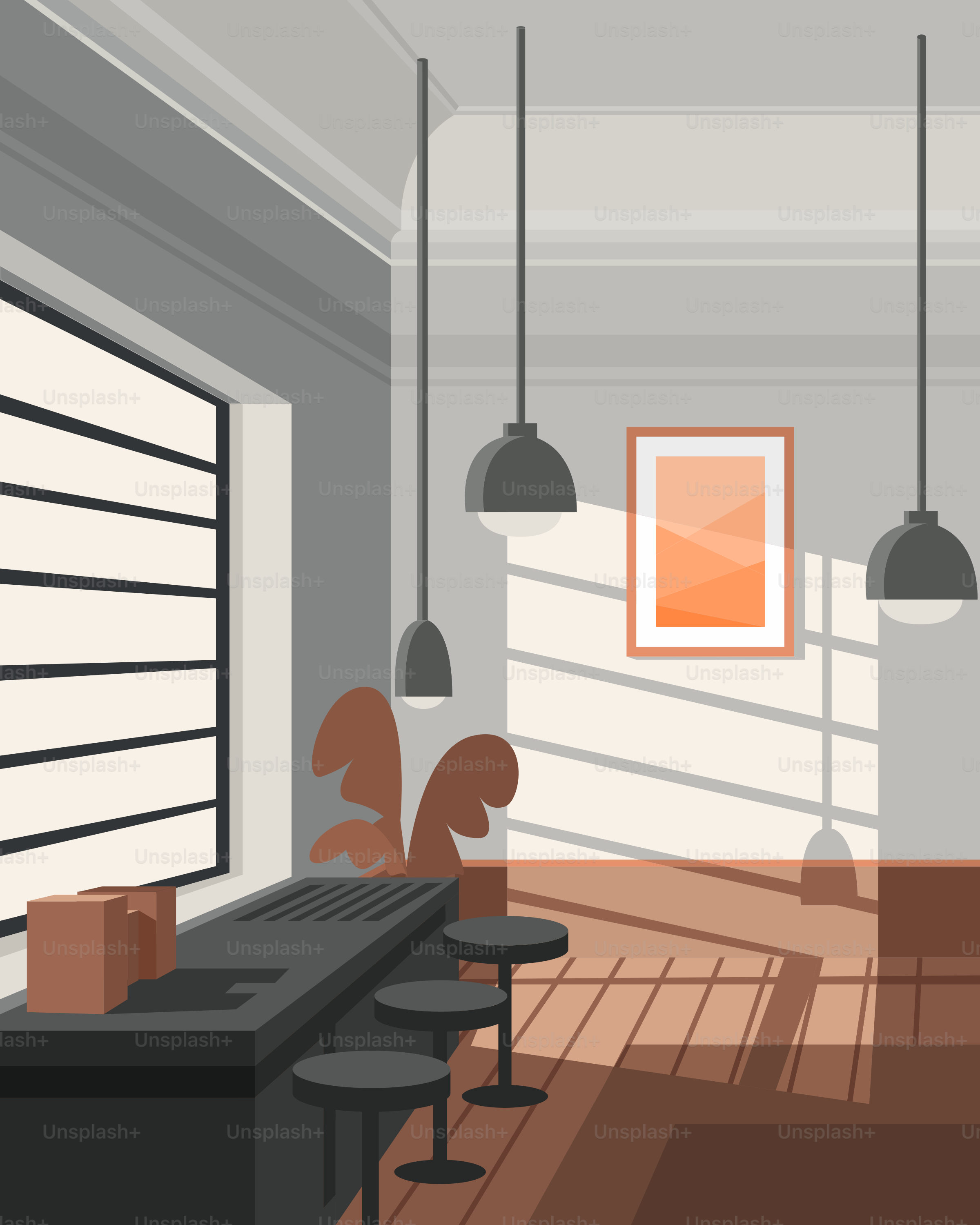 A drawing of a living room with a piano