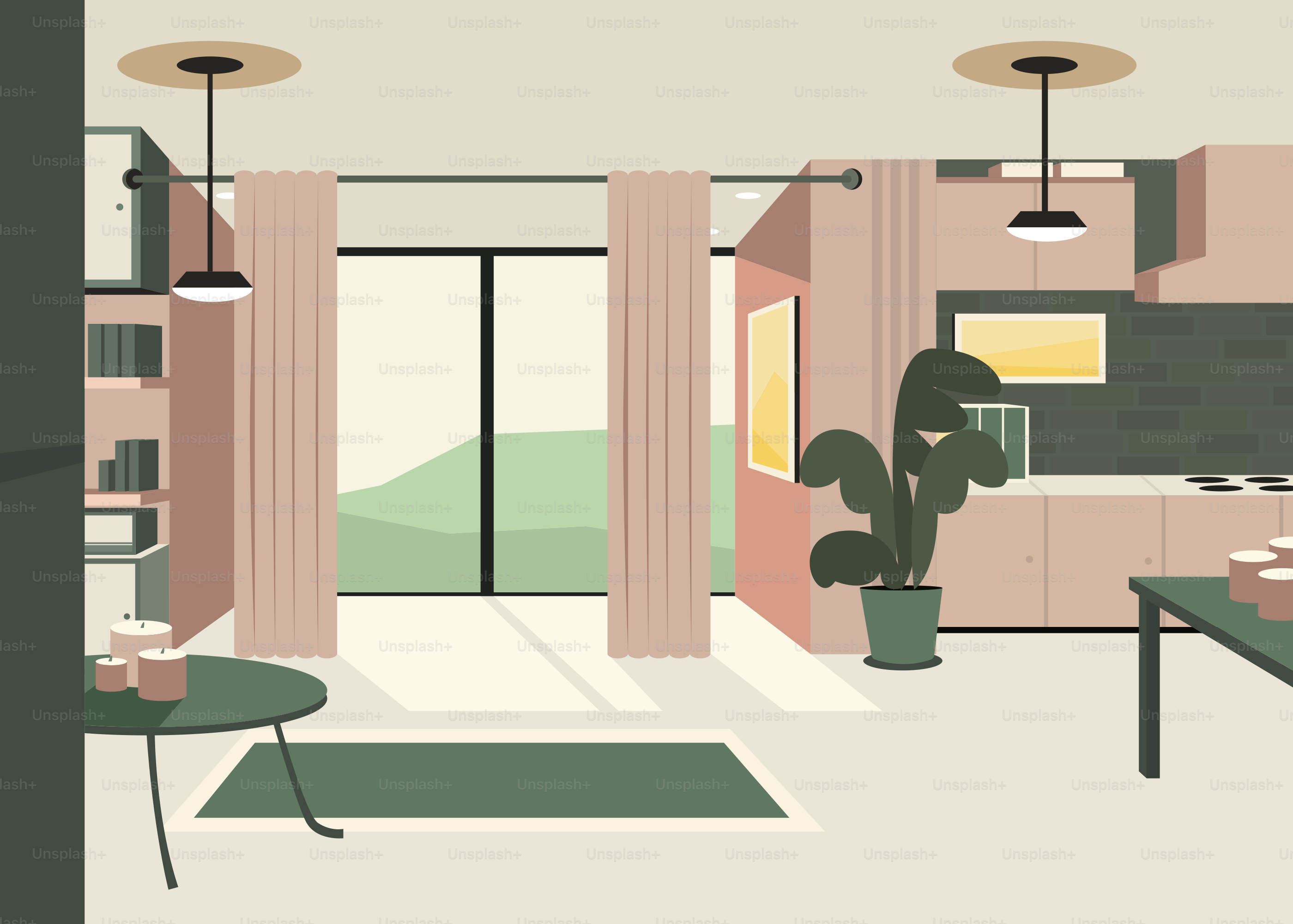 Uma sala de estar com um sofá, uma mesa e um vaso de plantas