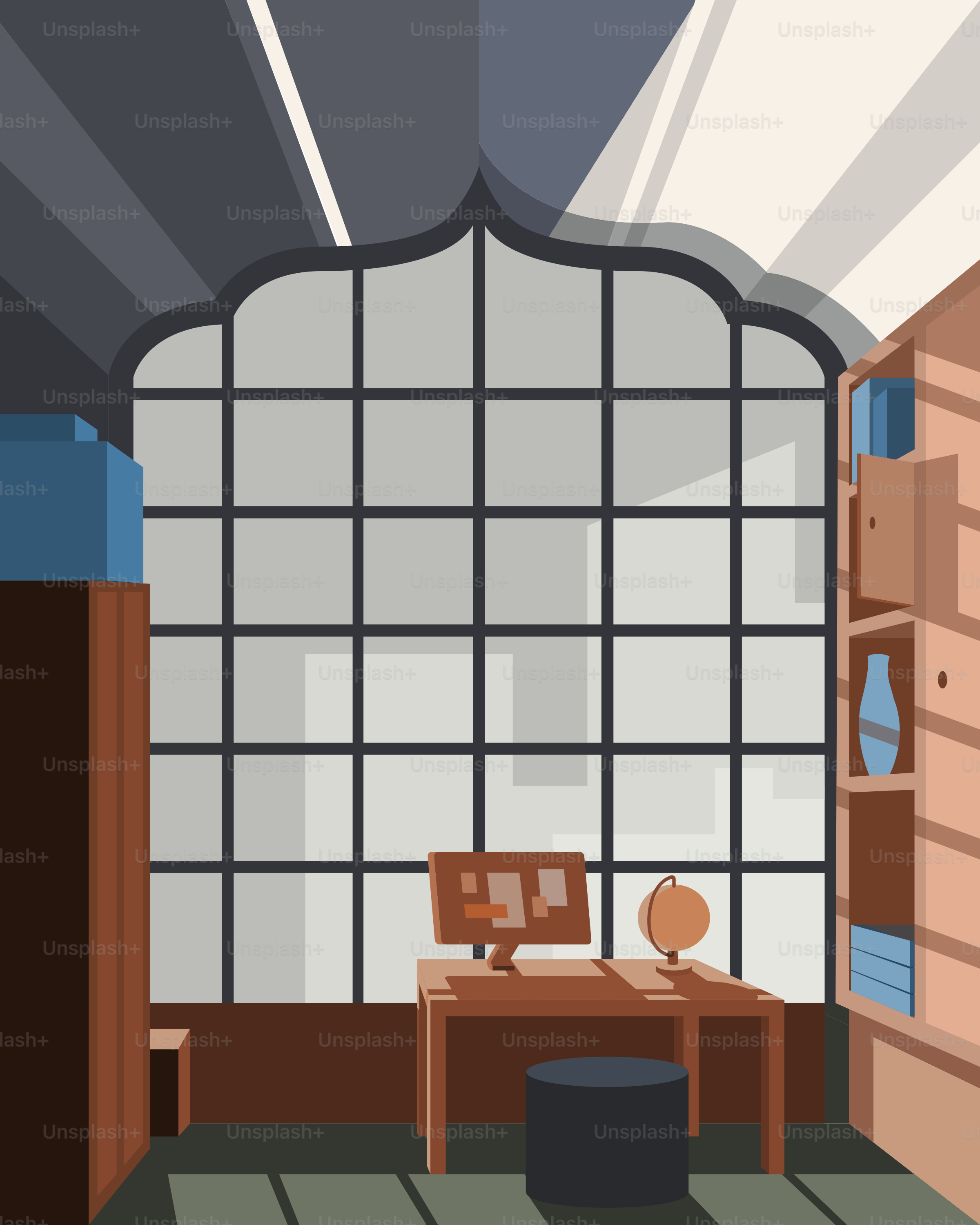 A room with a bed, desk and a window