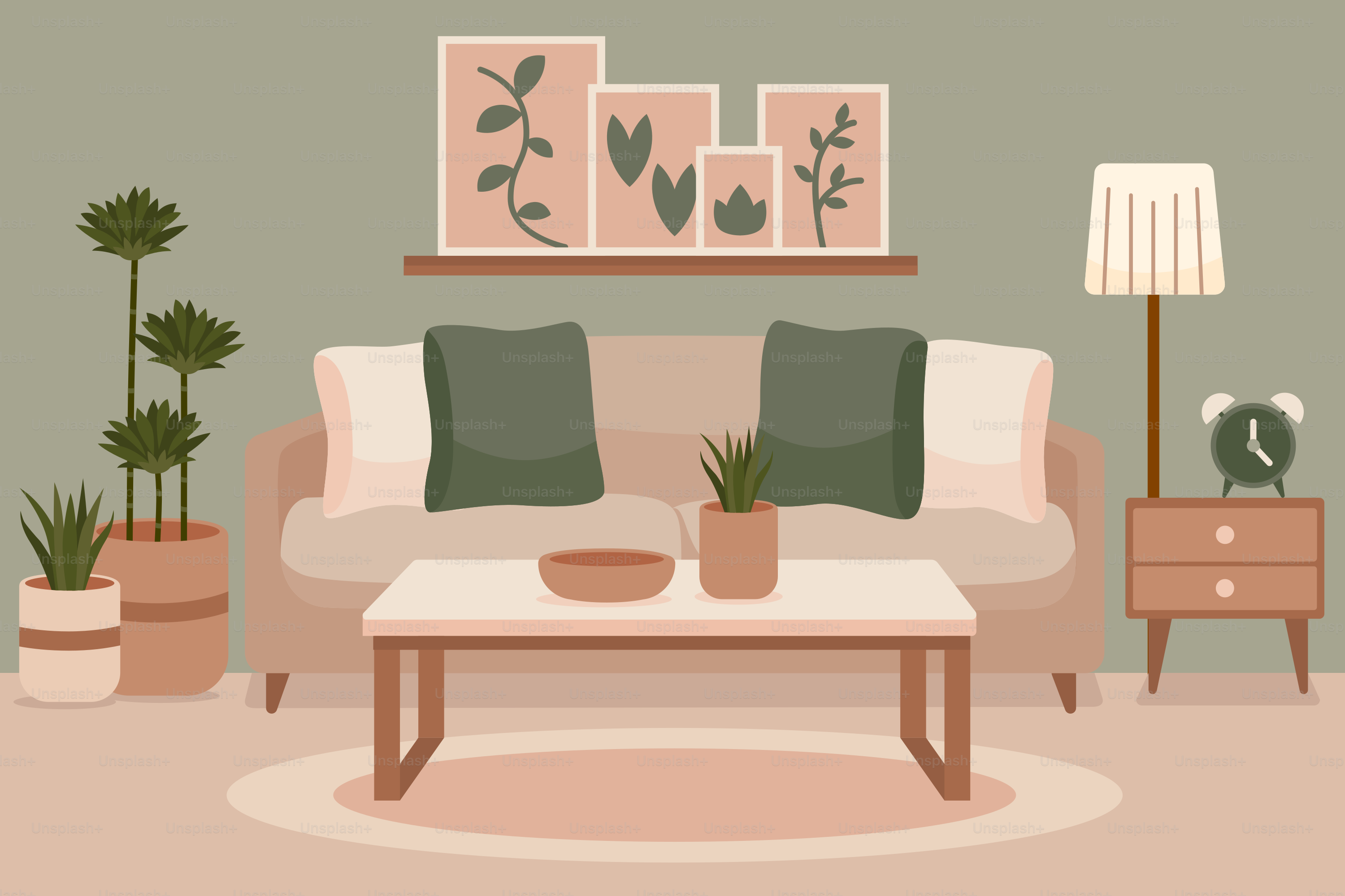 Ein Wohnzimmer mit Sofa, Couchtisch und Topfpflanzen