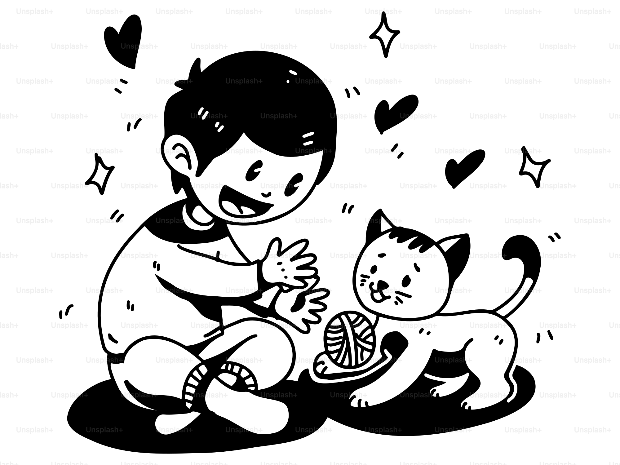 A black and white drawing of a boy playing with a cat