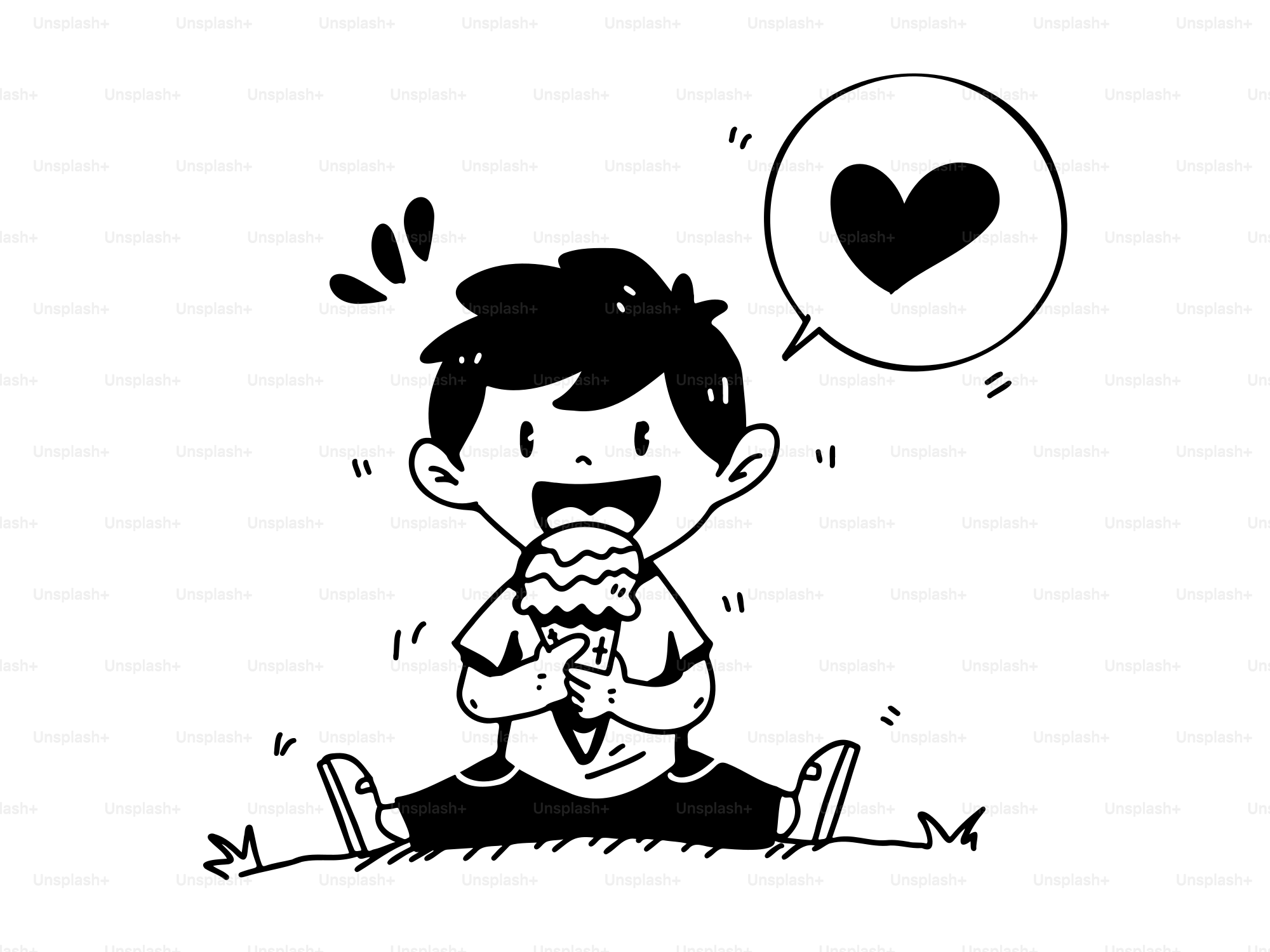 A drawing of a boy sitting on the ground with a heart balloon above his head