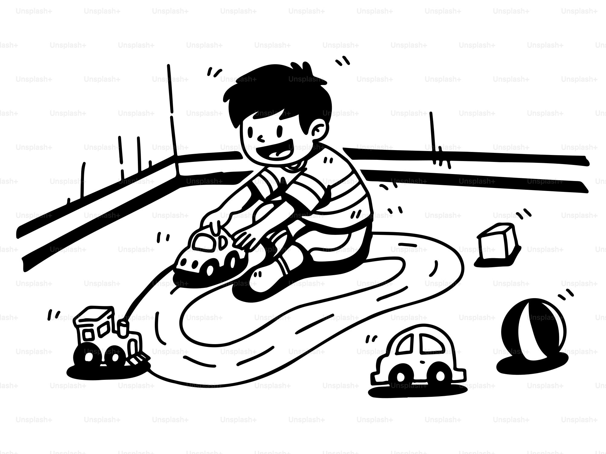 A black and white drawing of a boy playing with toys