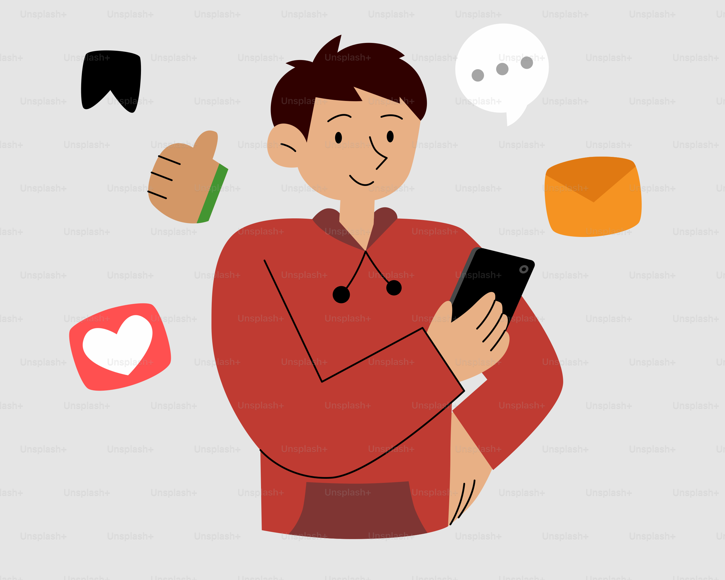 A man holding a smart phone surrounded by icons