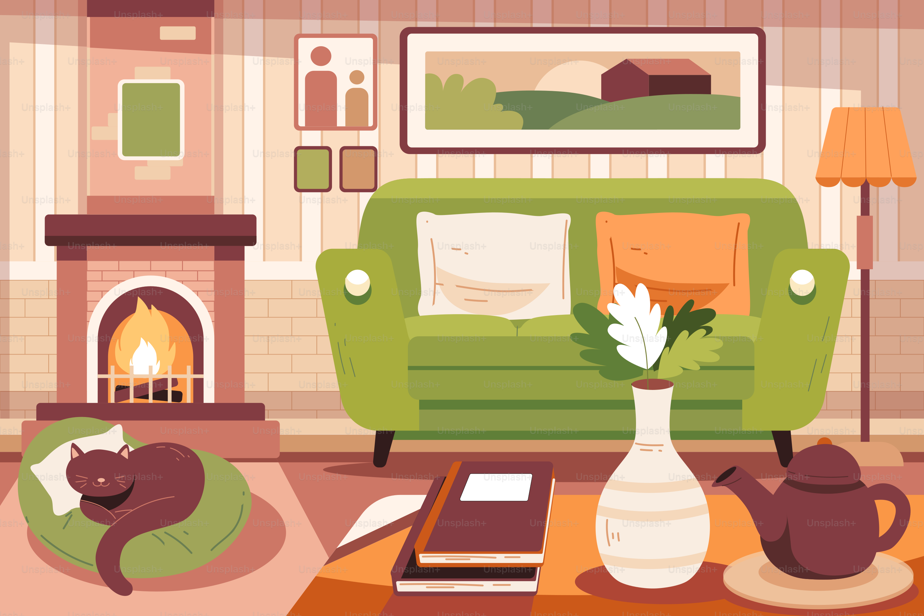 A living room filled with furniture and a fire place