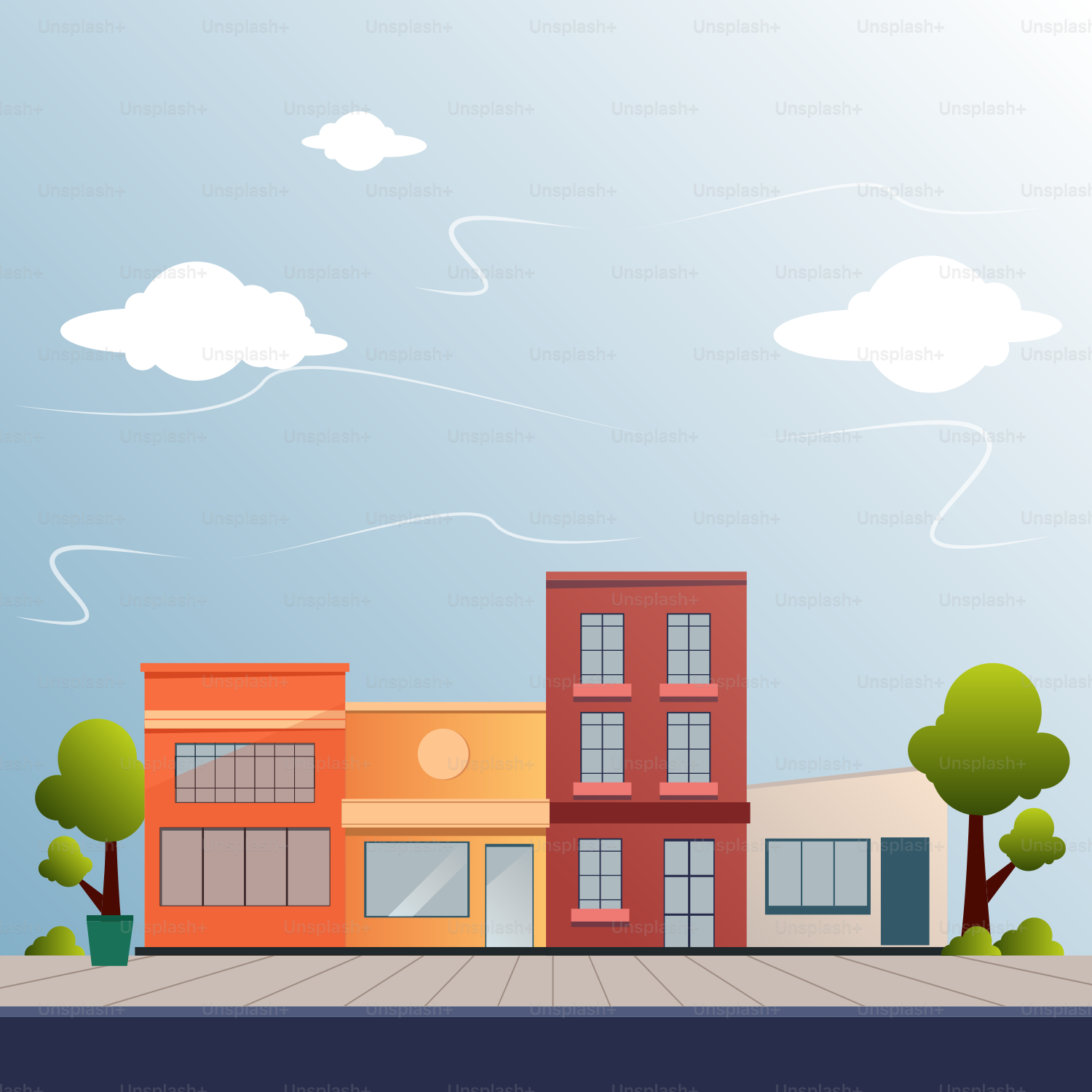 A city street with buildings and trees