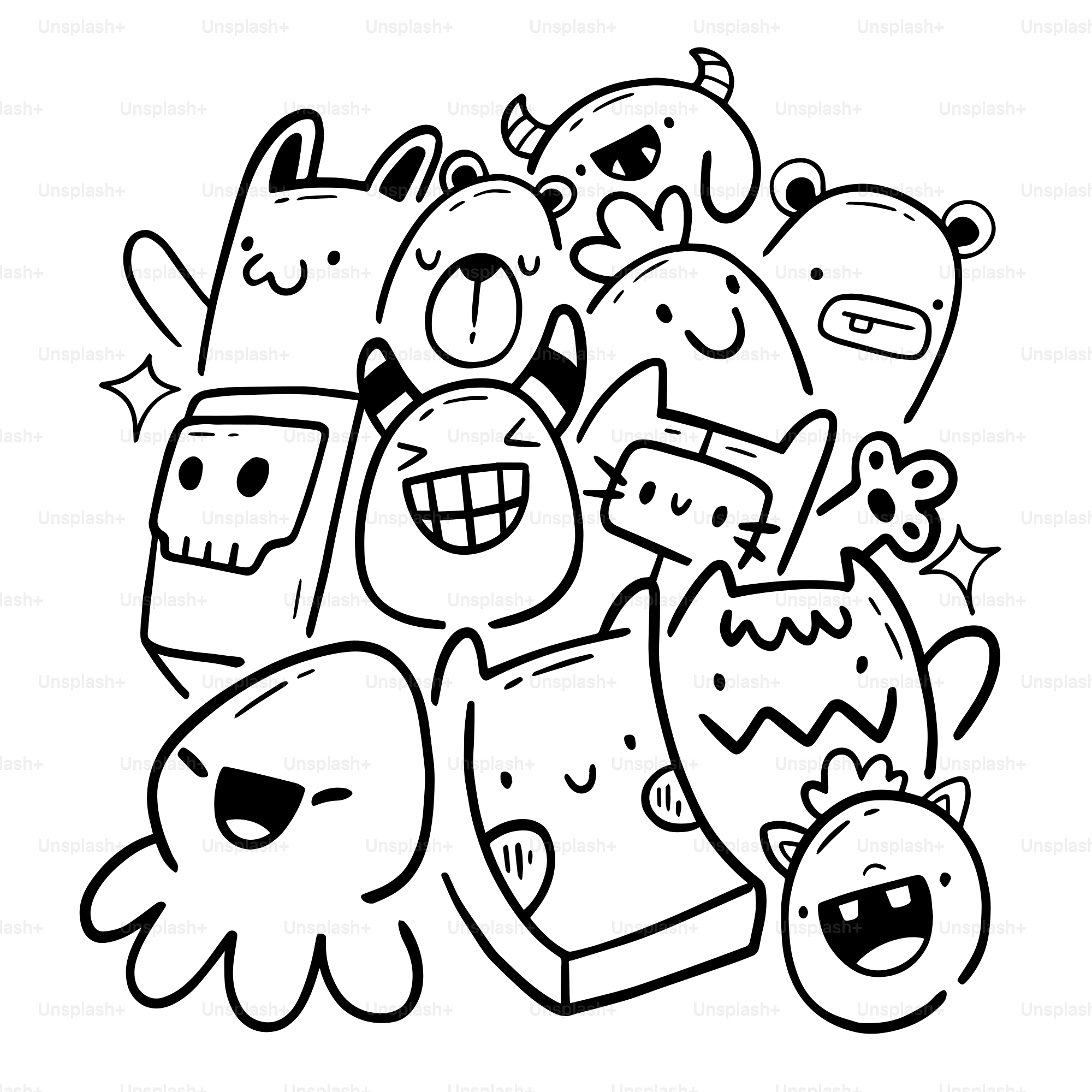 A black and white drawing of a bunch of cartoon characters