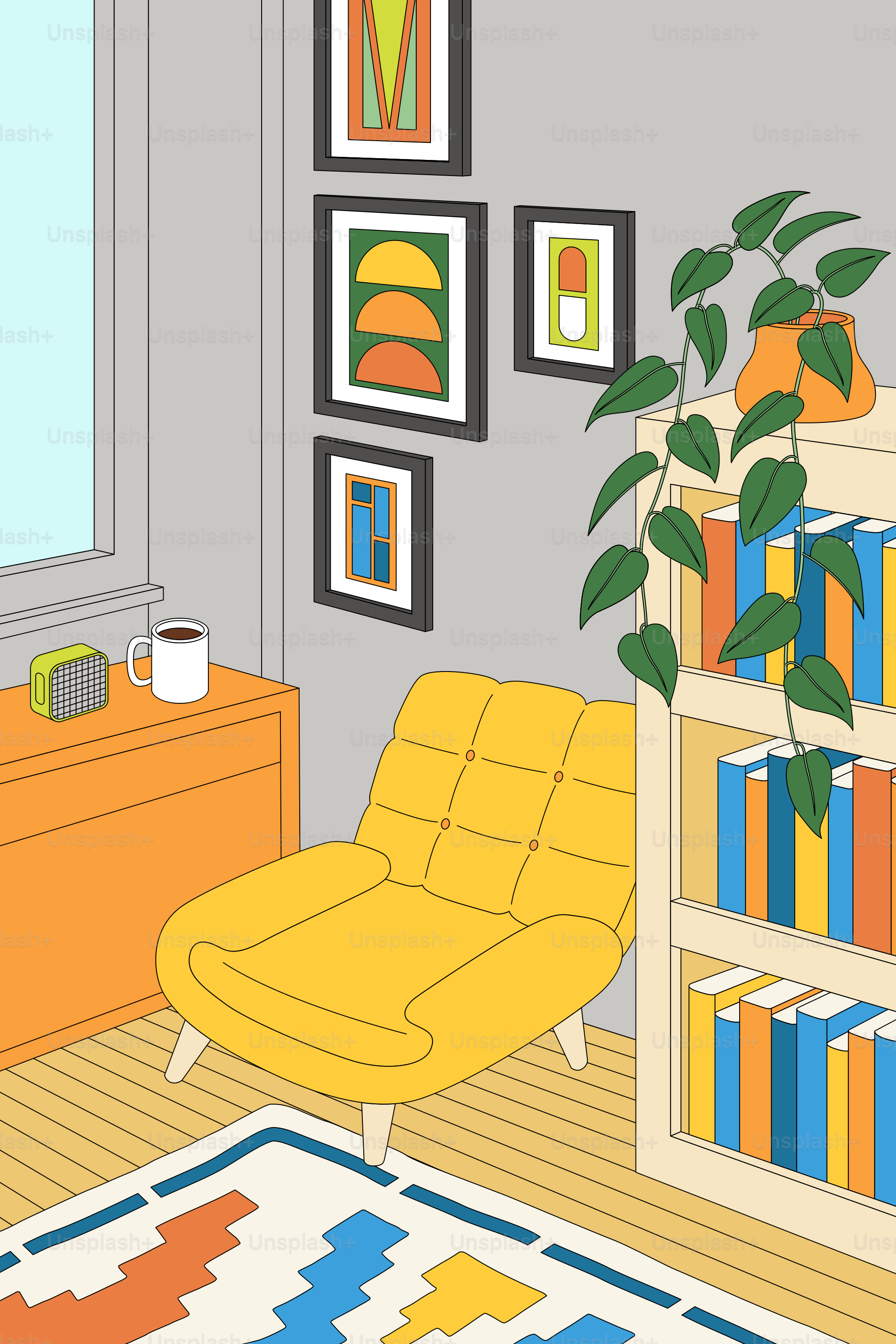 Un salón con una silla amarilla y una estantería