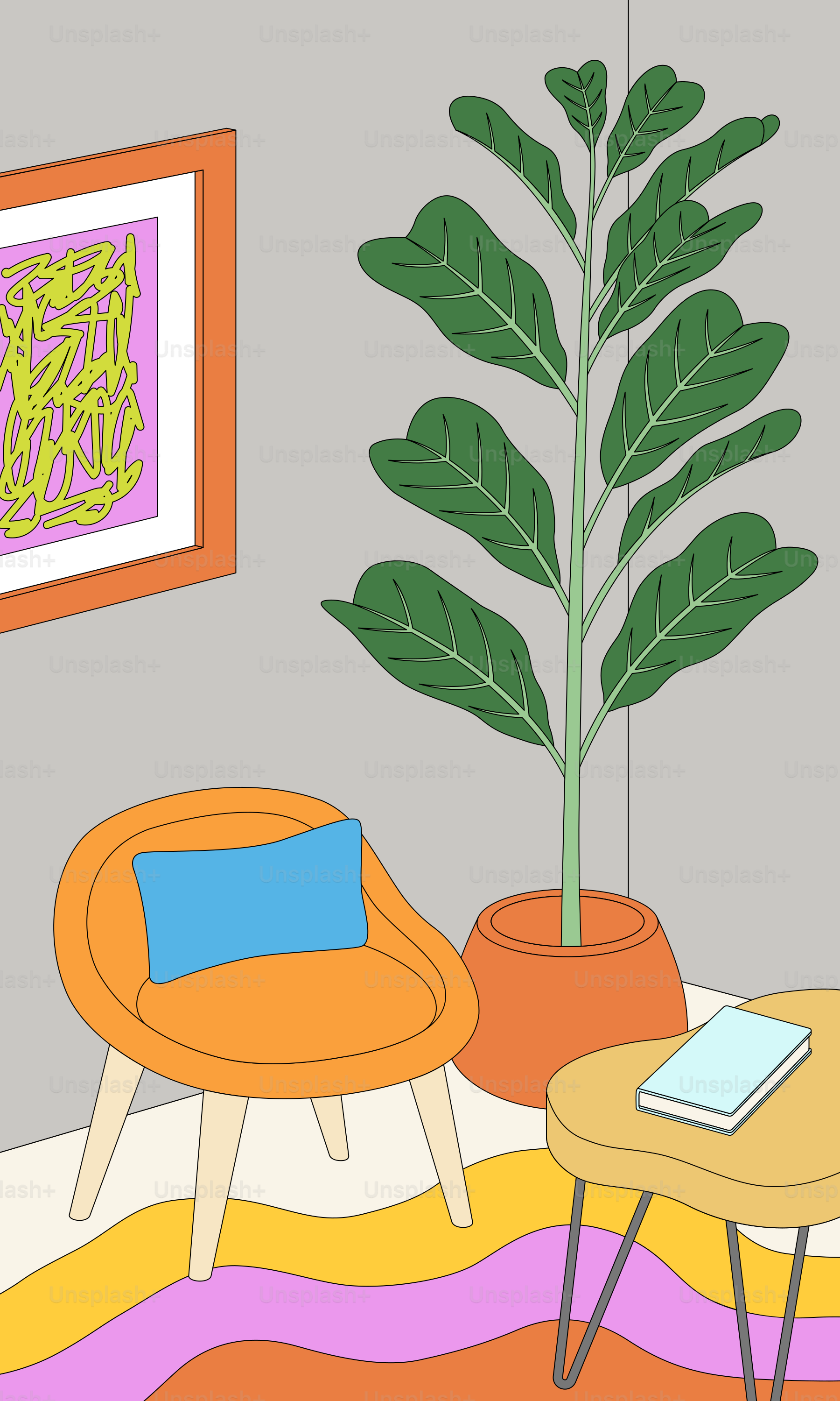 Un dibujo de un salón con un sofá y una silla