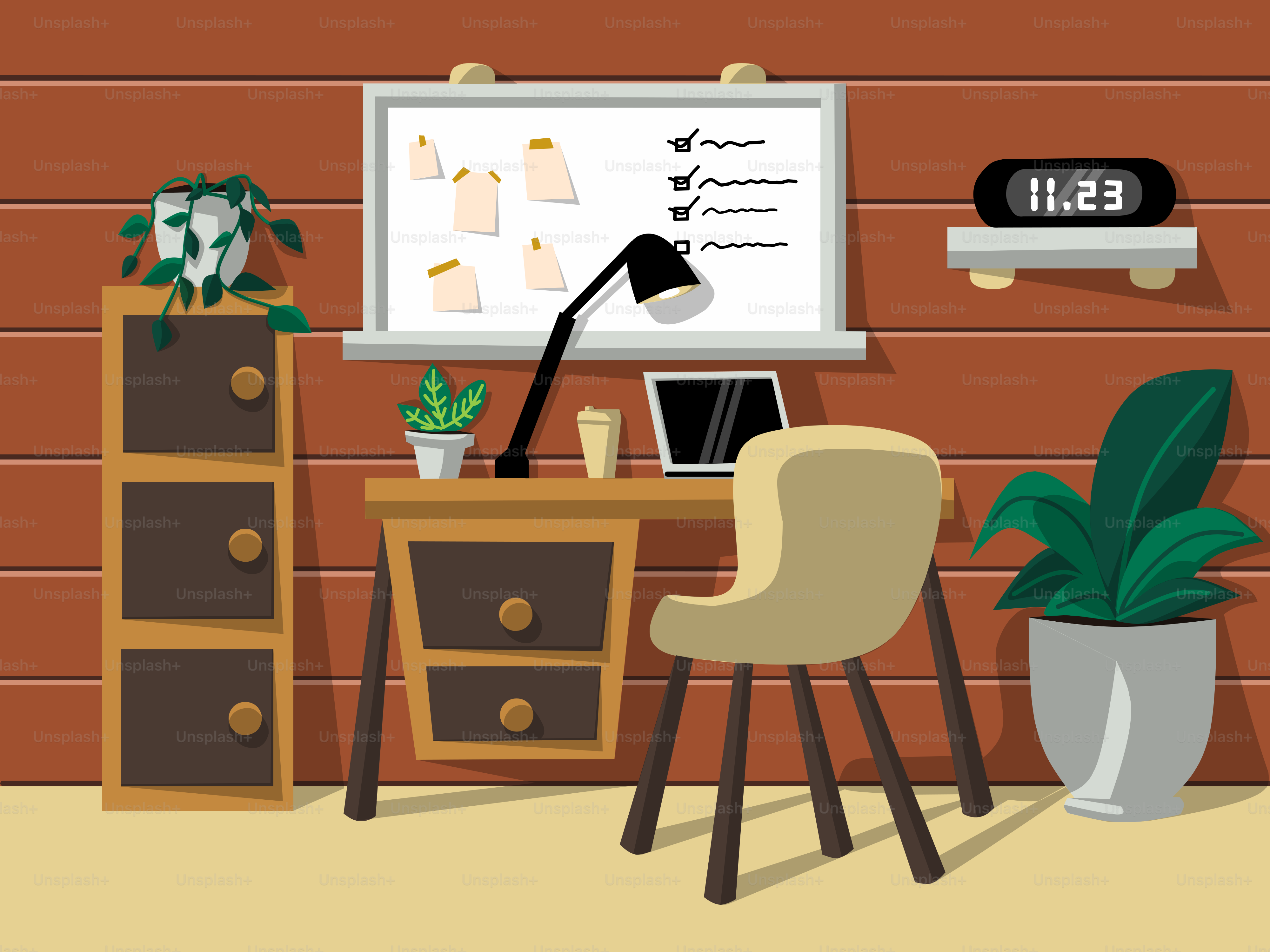 A room with a desk, chair, and a poster on the wall