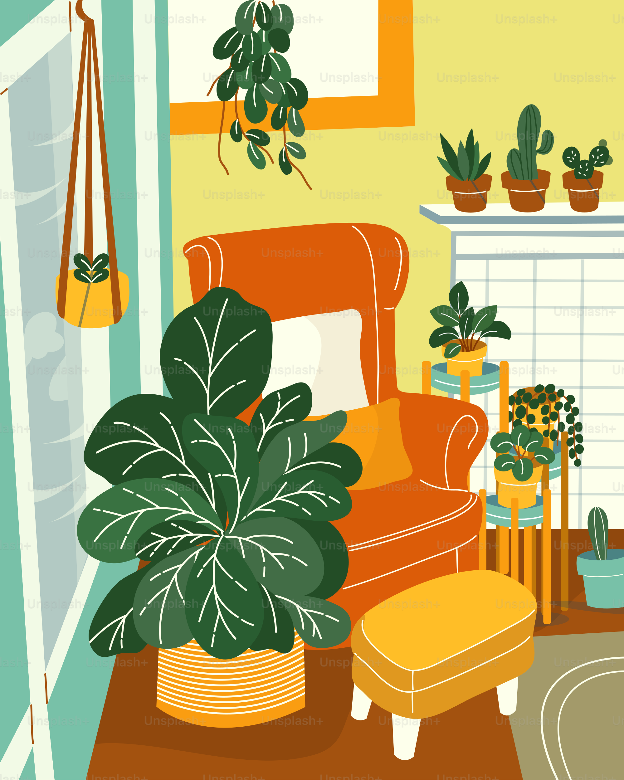 A living room filled with lots of plants and a fire place