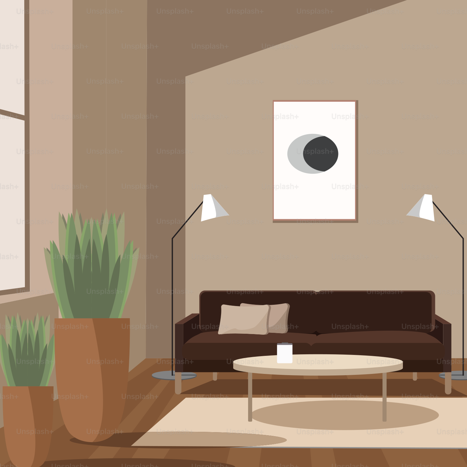 Una sala de estar con un sofá marrón y una mesa de centro blanca