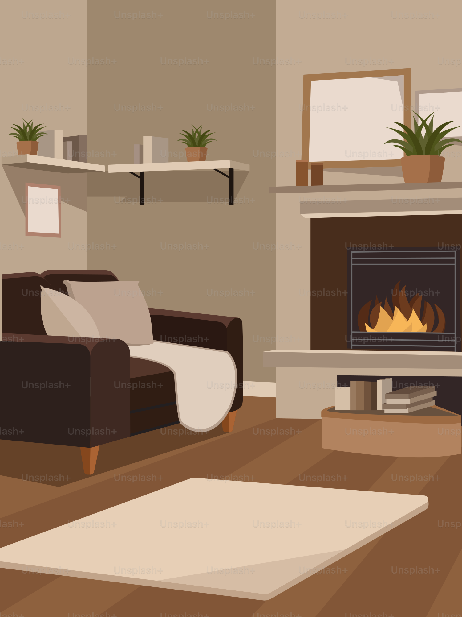 Ein Wohnzimmer mit Sofa, Stuhl und Kamin