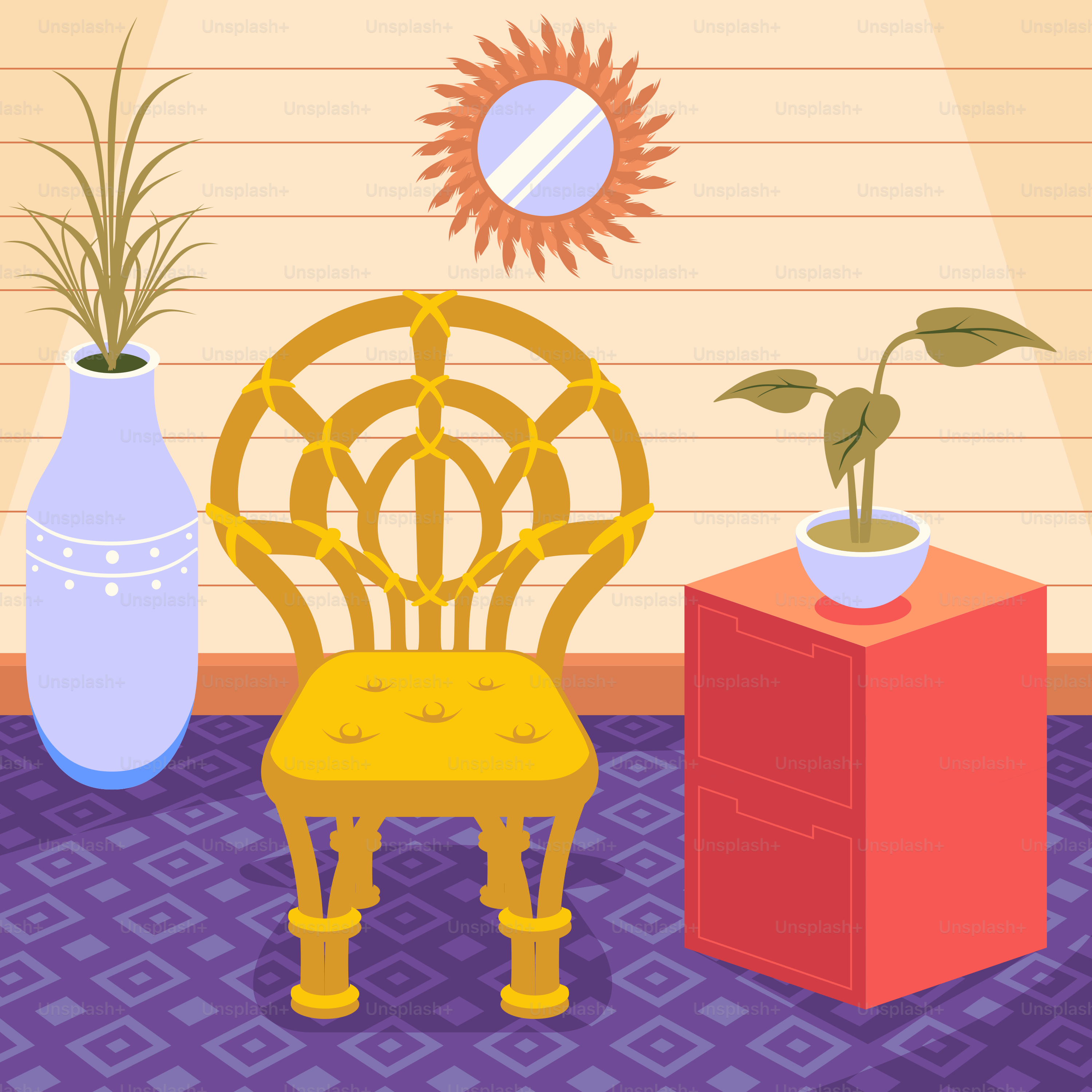 Une pièce avec une chaise, une table et un vase