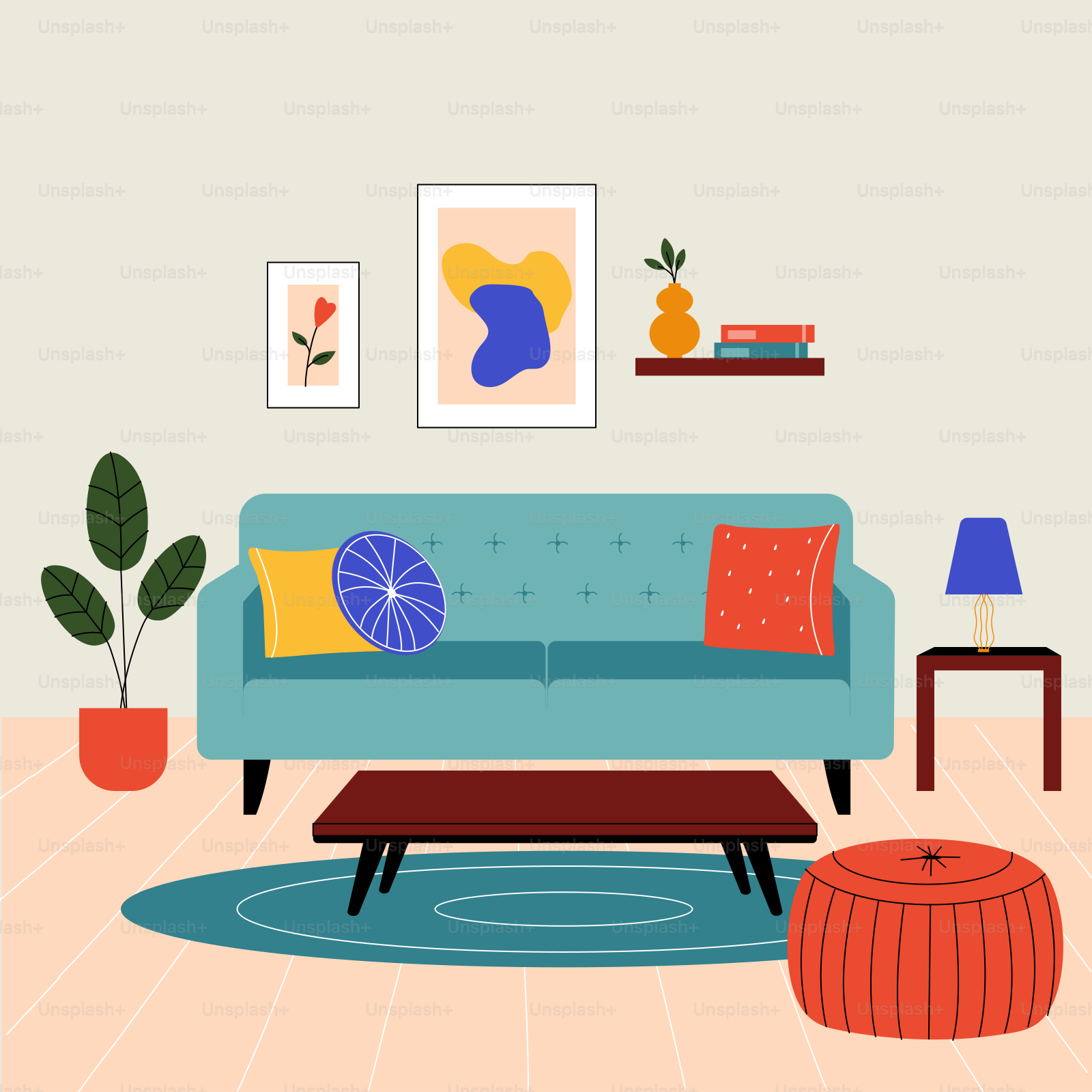 A living room with a blue couch and a coffee table