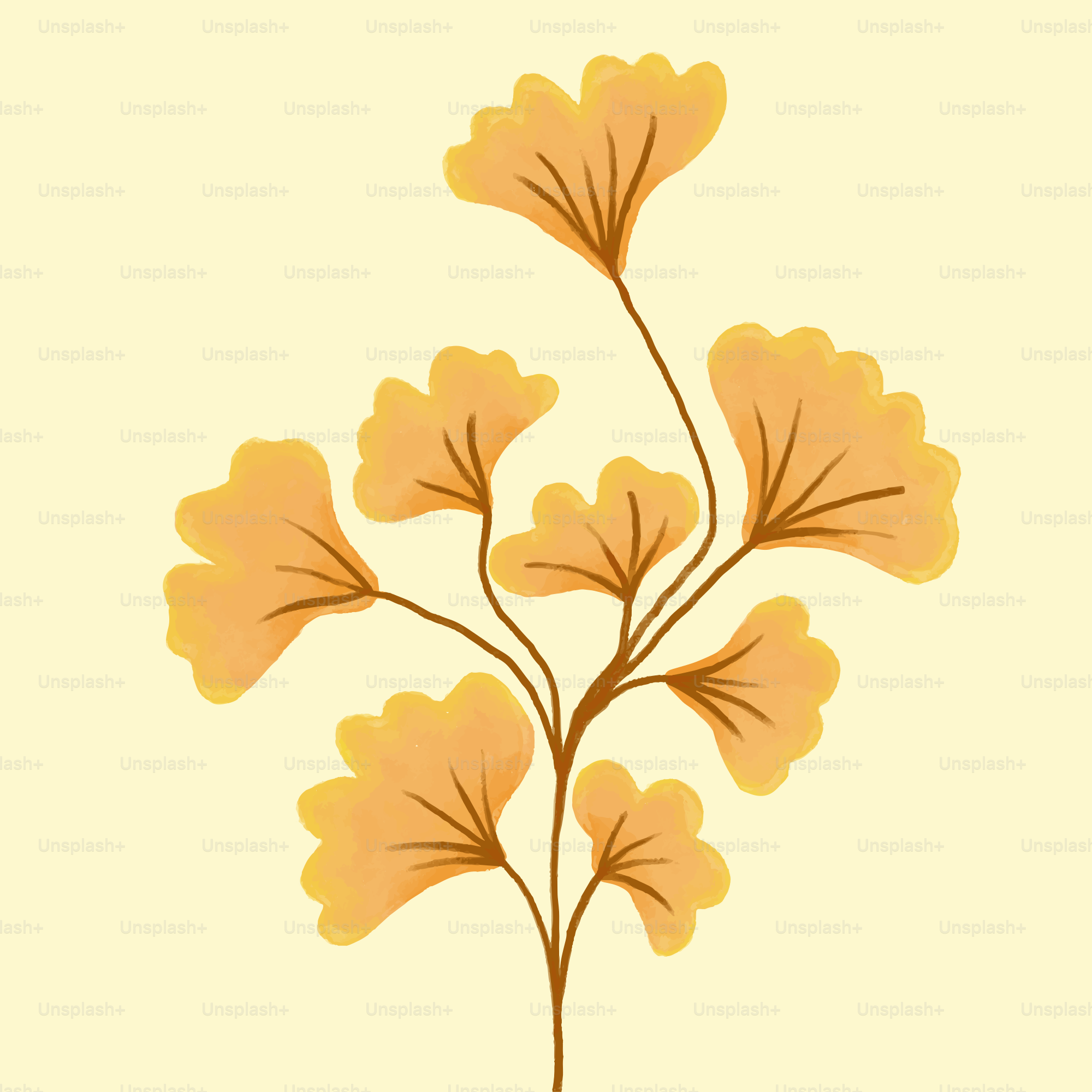 A drawing of a plant with leaves on a yellow background