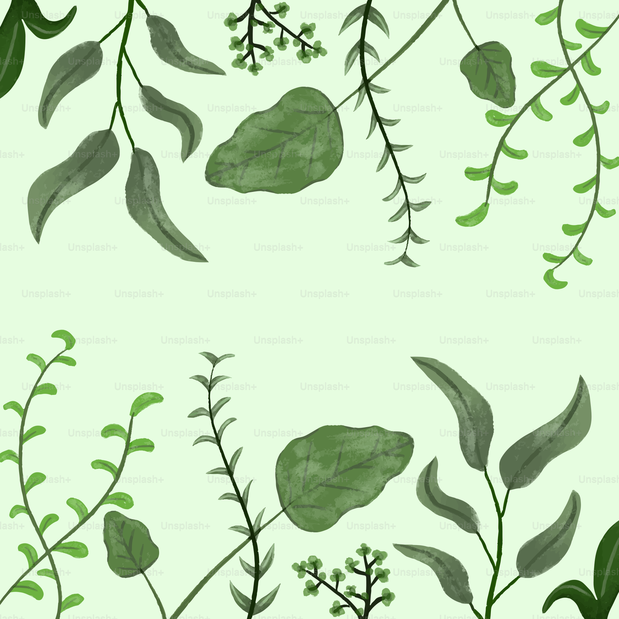 A pattern of green leaves and branches on a light green background