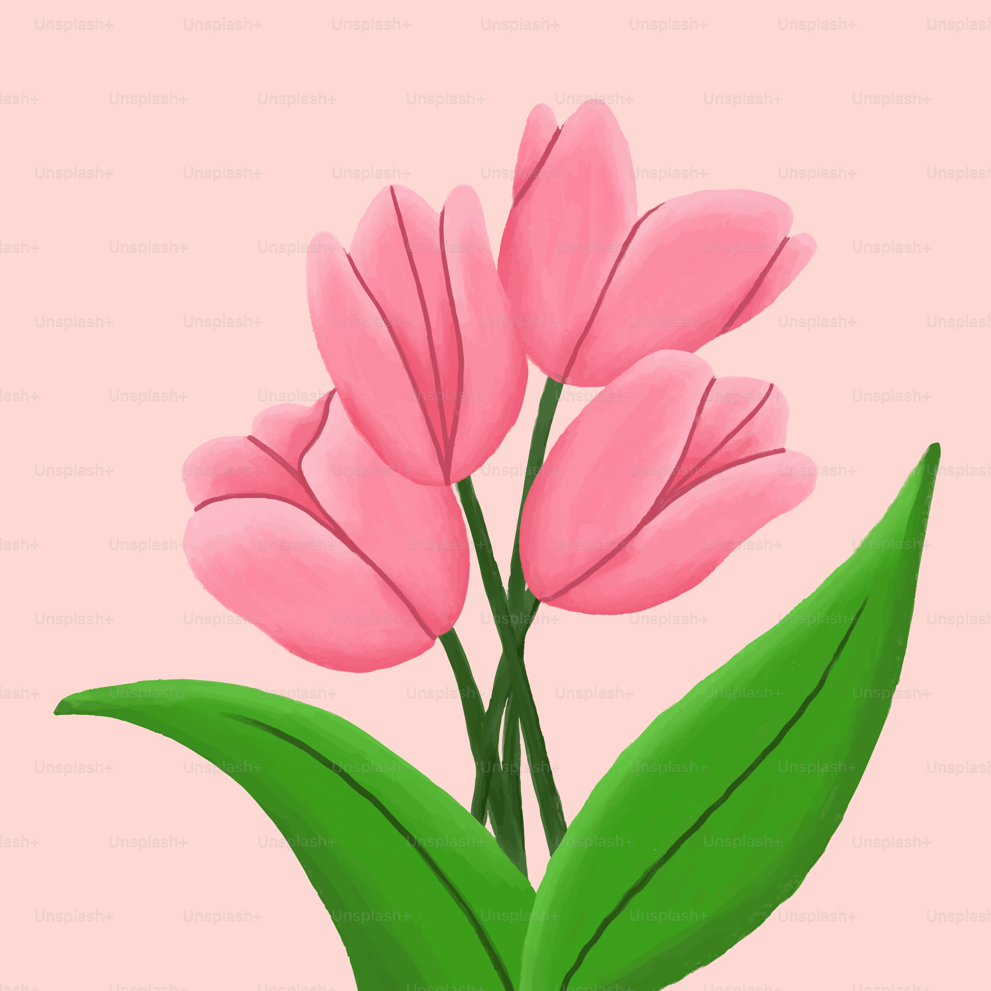 A pink flower with green leaves on a pink background