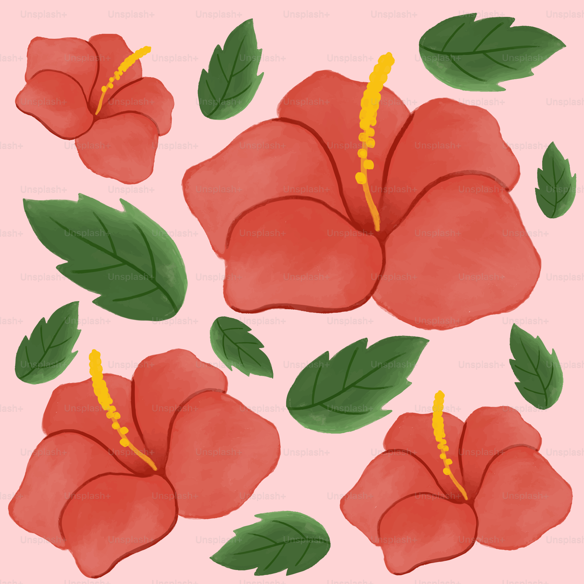 Una flor roja con hojas verdes sobre un fondo rosa