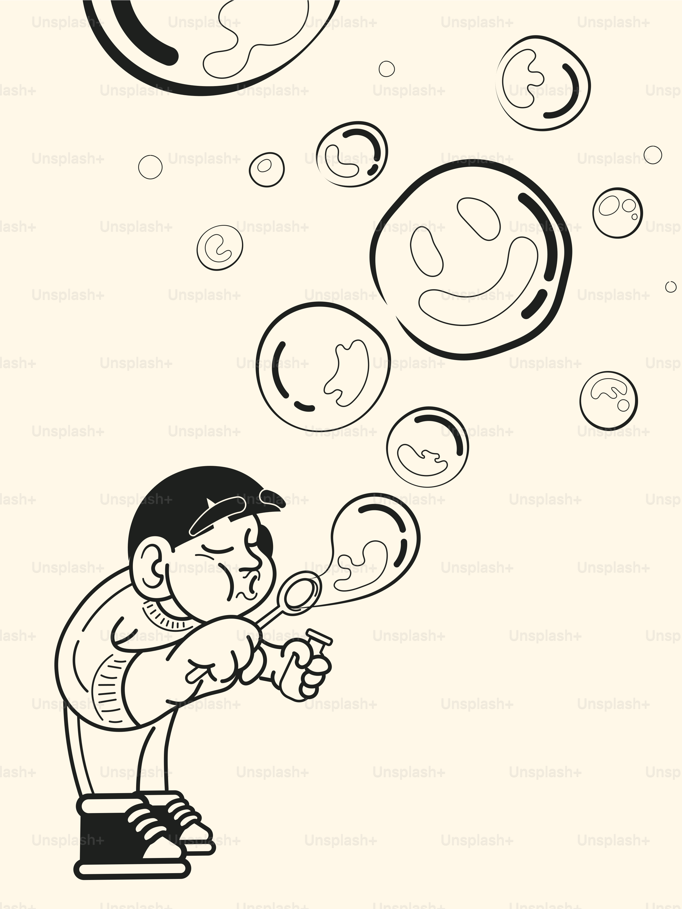 Un dibujo de un niño soplando pompas de jabón