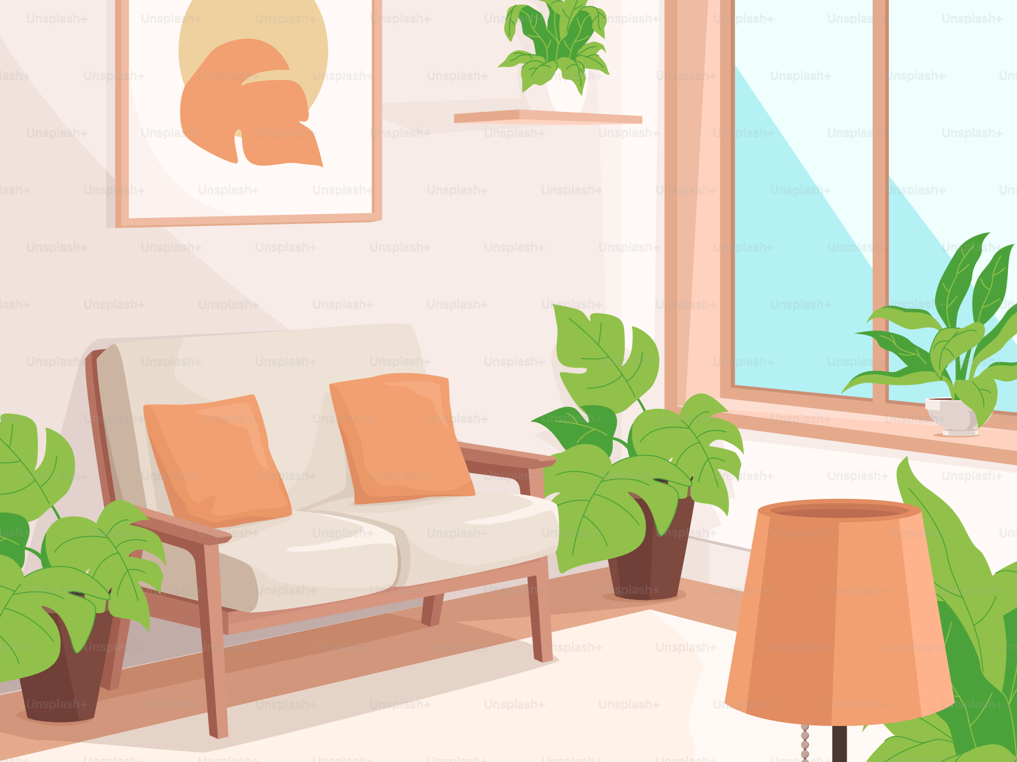 A living room with a couch and a lamp