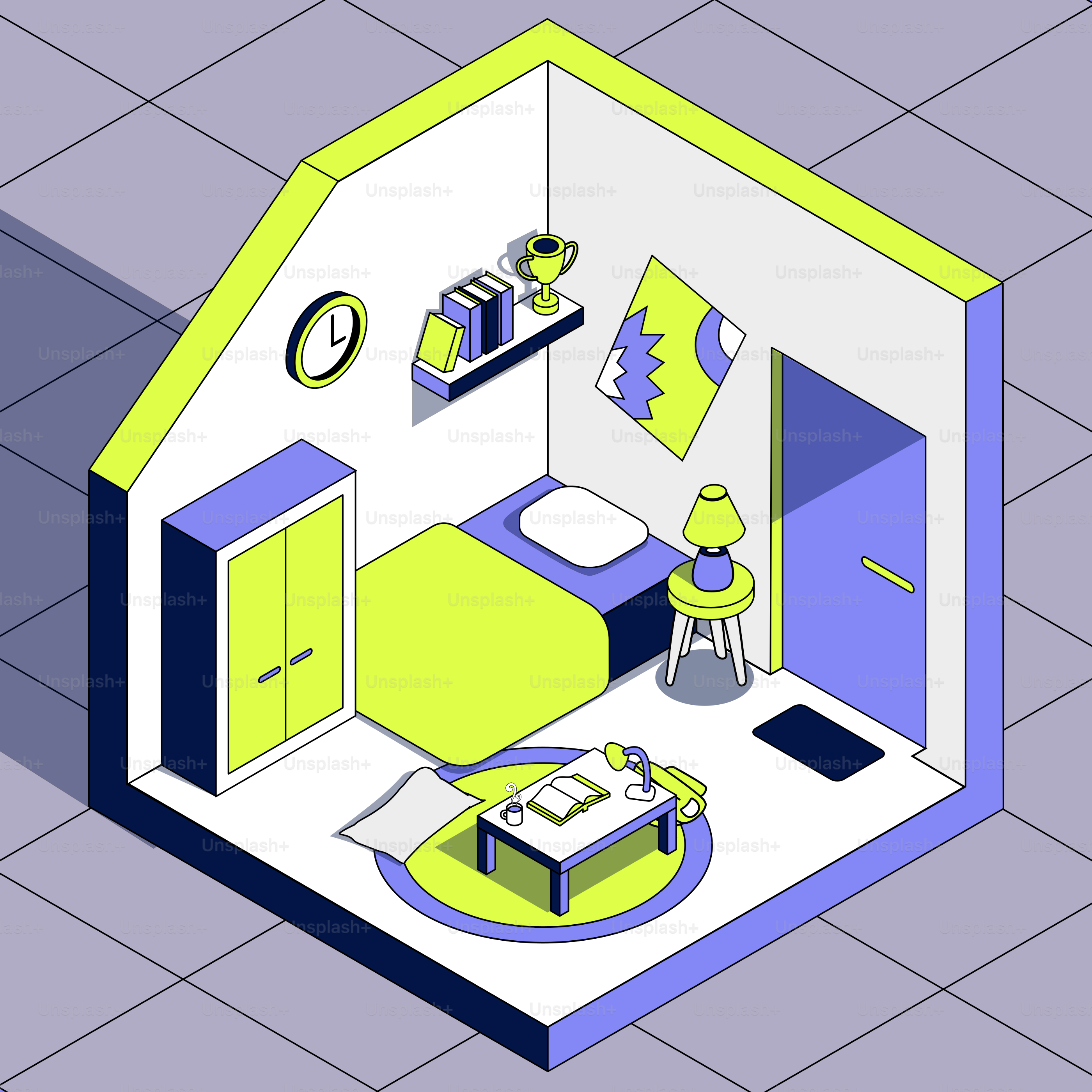 A low poly model of a bedroom
