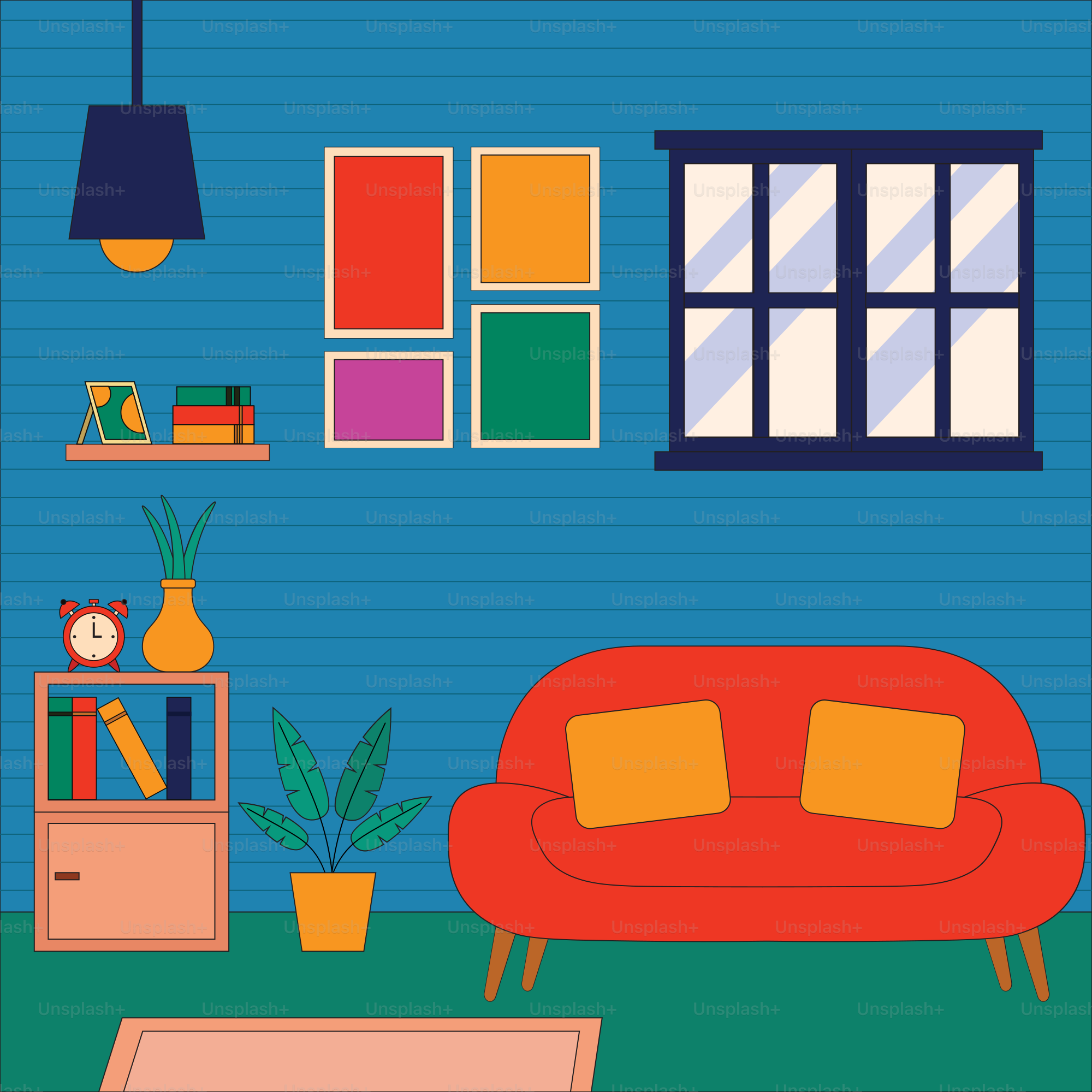 A living room with a red couch and a blue wall