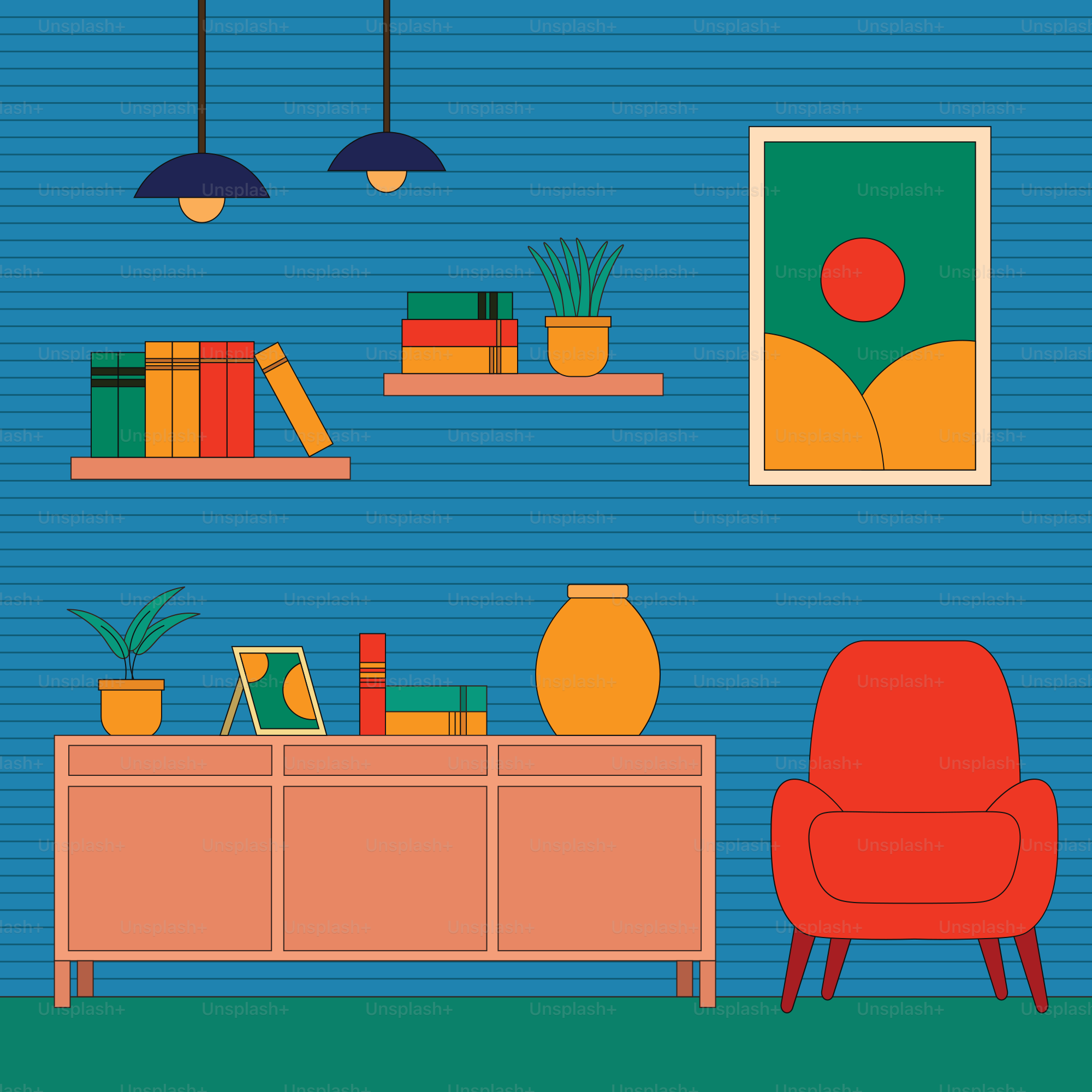 A living room with a red chair and a book shelf