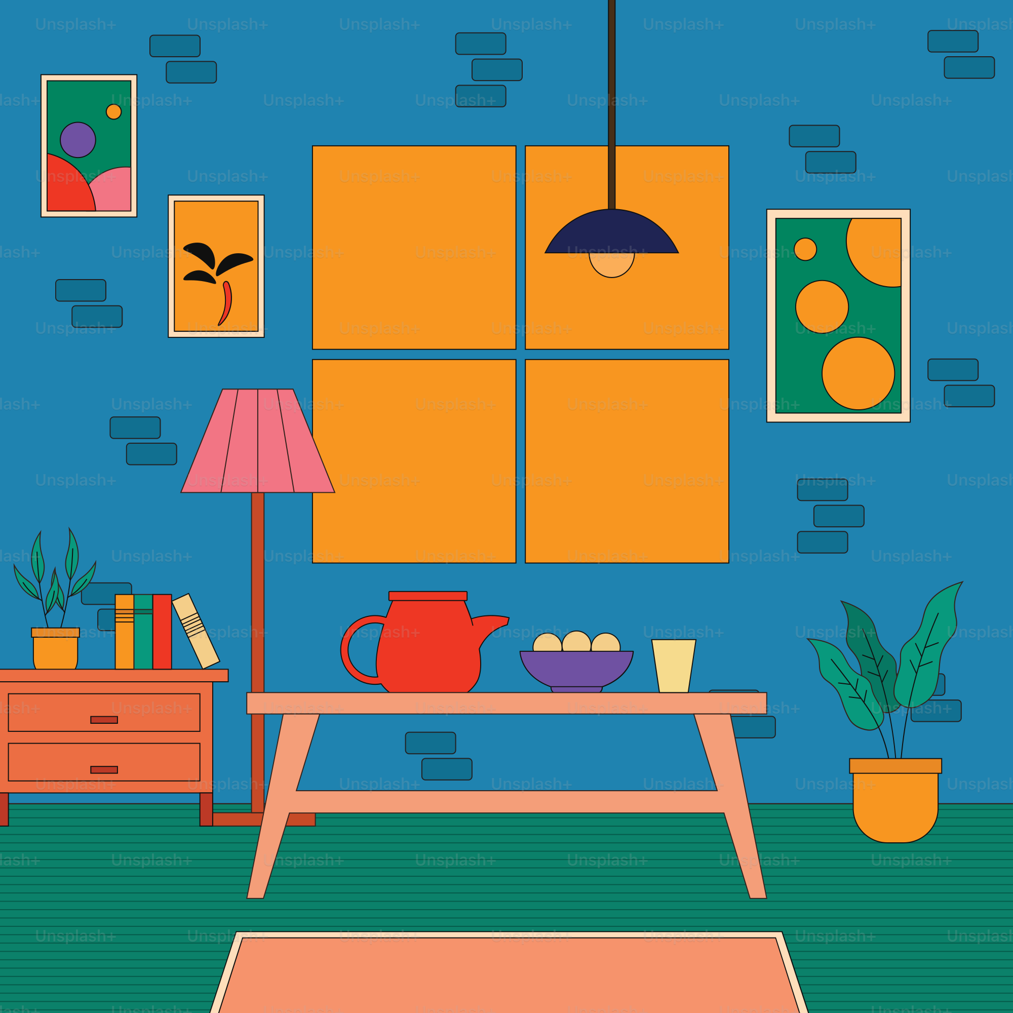 青い壁と壁に飾られた絵があるリビングルーム